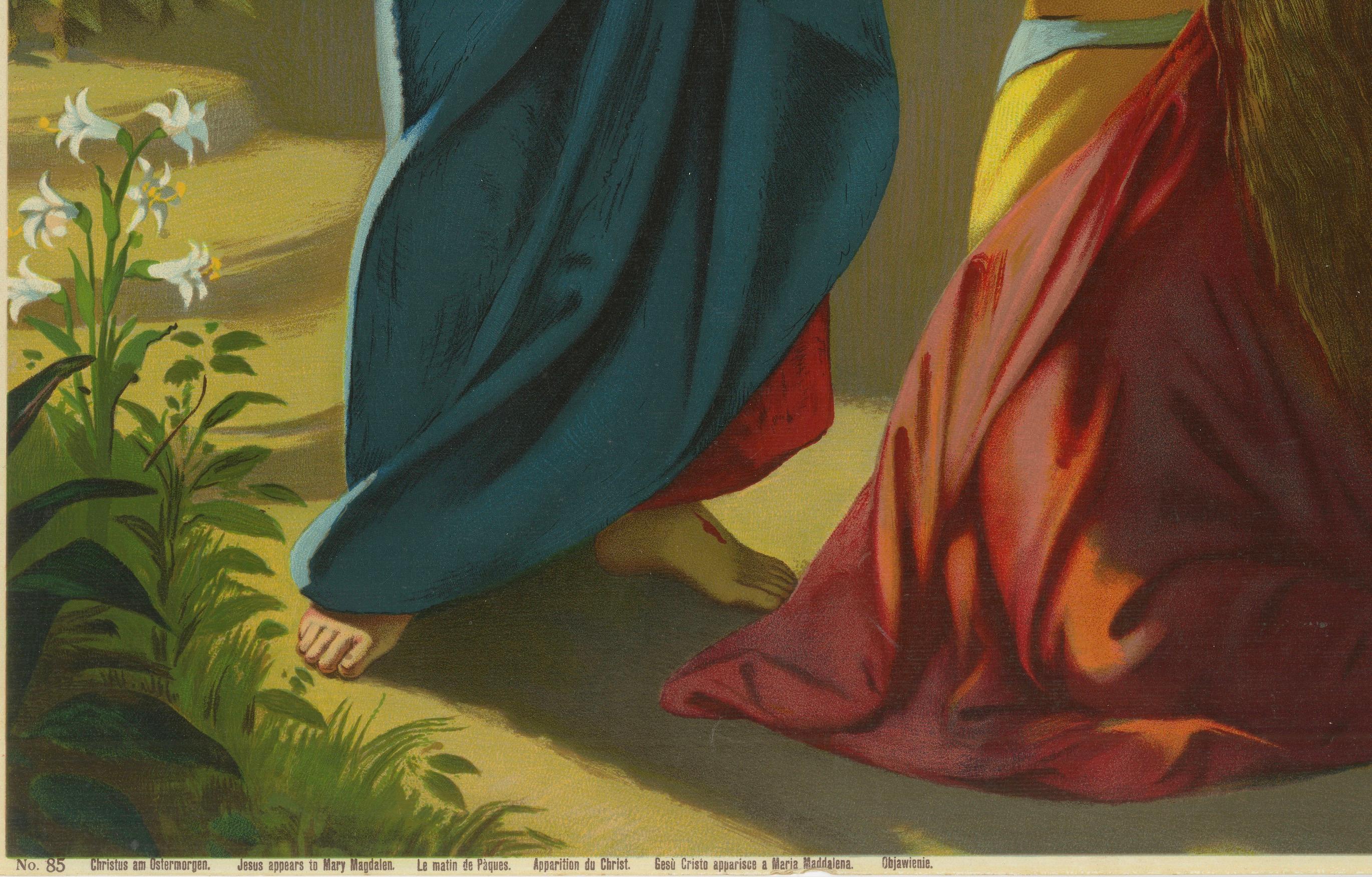 Allemand Jésus apparaît à Marie Madeleine - Chromolithographie allemande ancienne, c. 1895 en vente