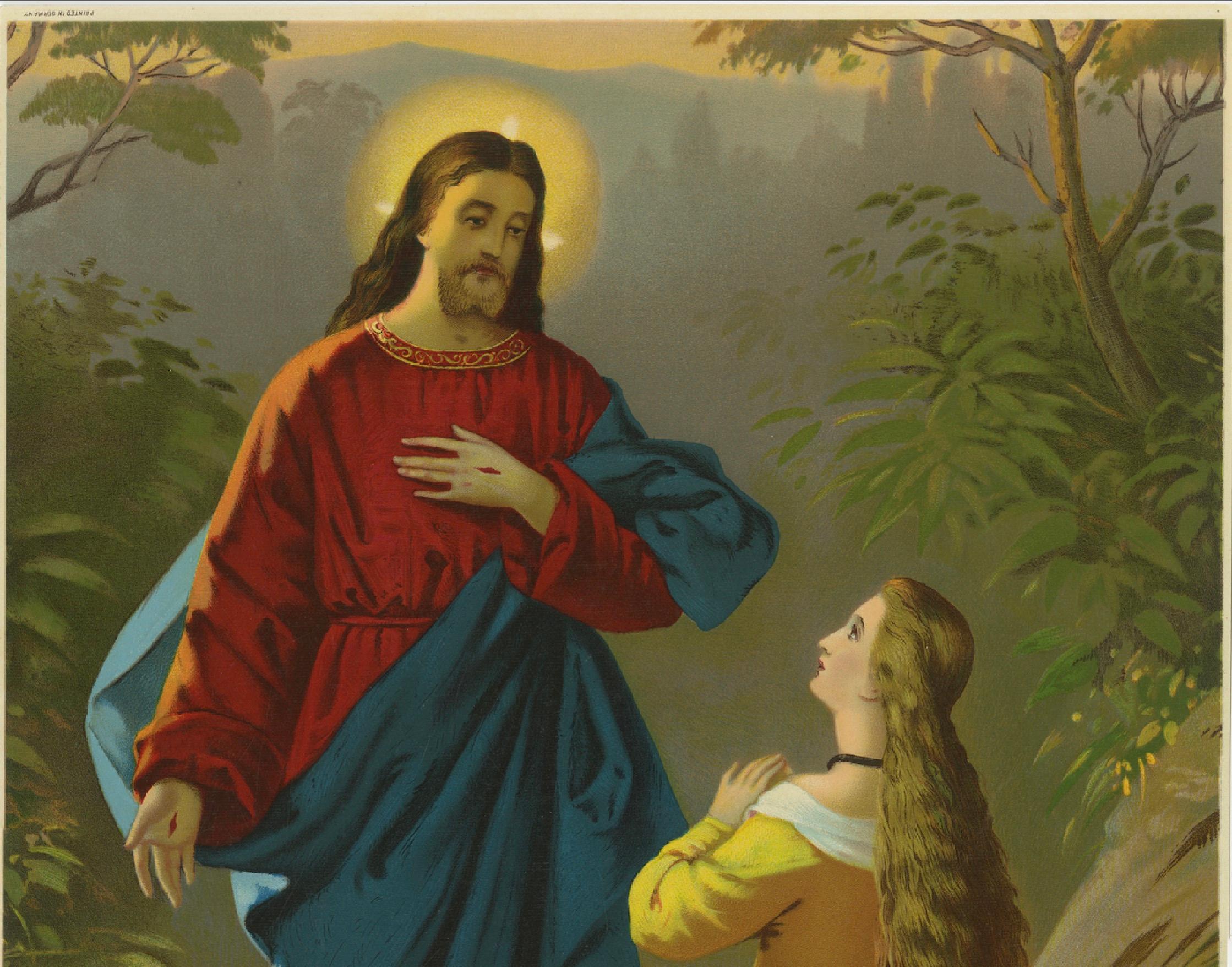 Jésus apparaît à Marie Madeleine - Chromolithographie allemande ancienne, c. 1895 Bon état - En vente à Langweer, NL