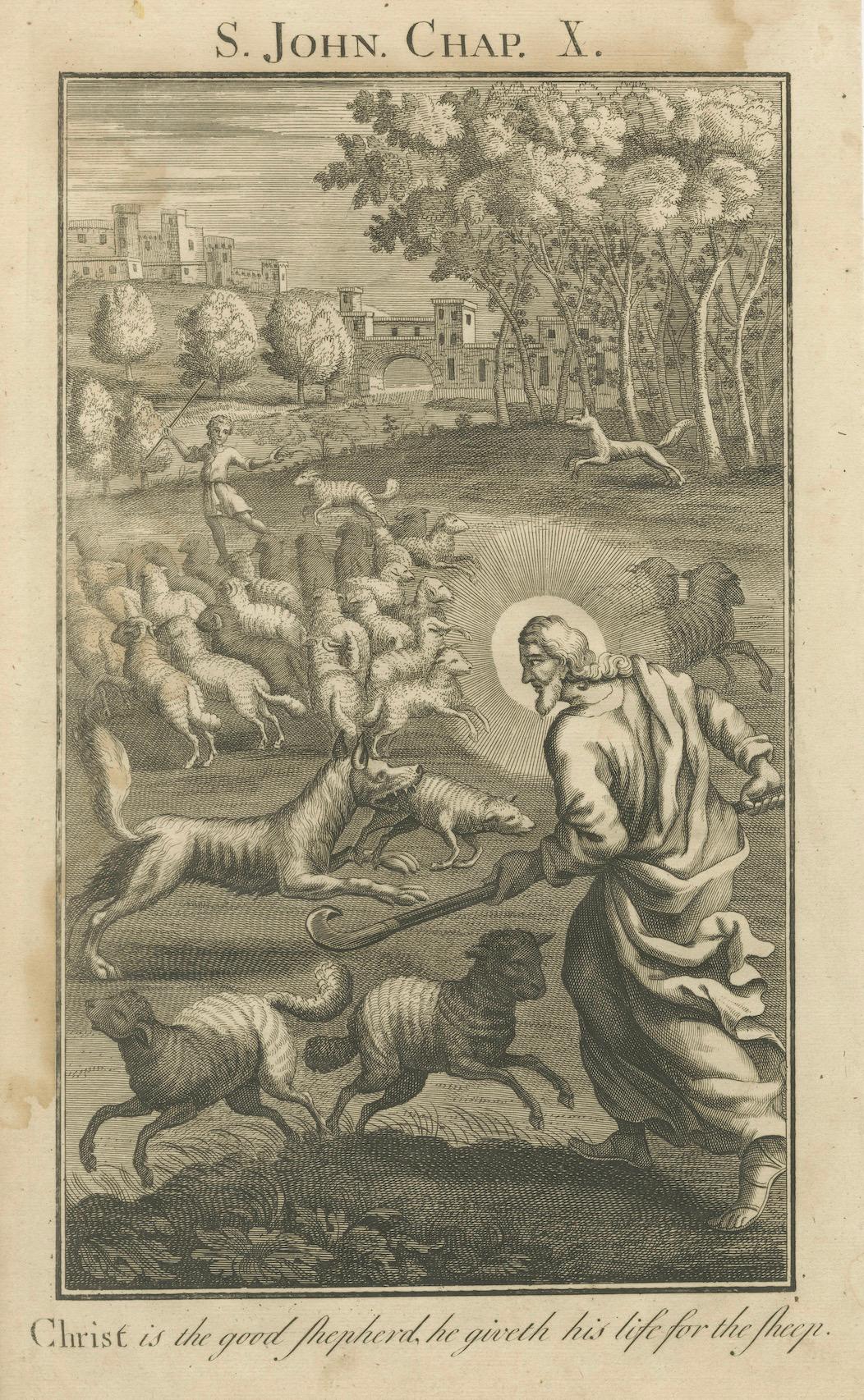 Jesus als guter Hirte Kupferstich - Johannes X. beschützt die Herde c.1735 im Angebot 3
