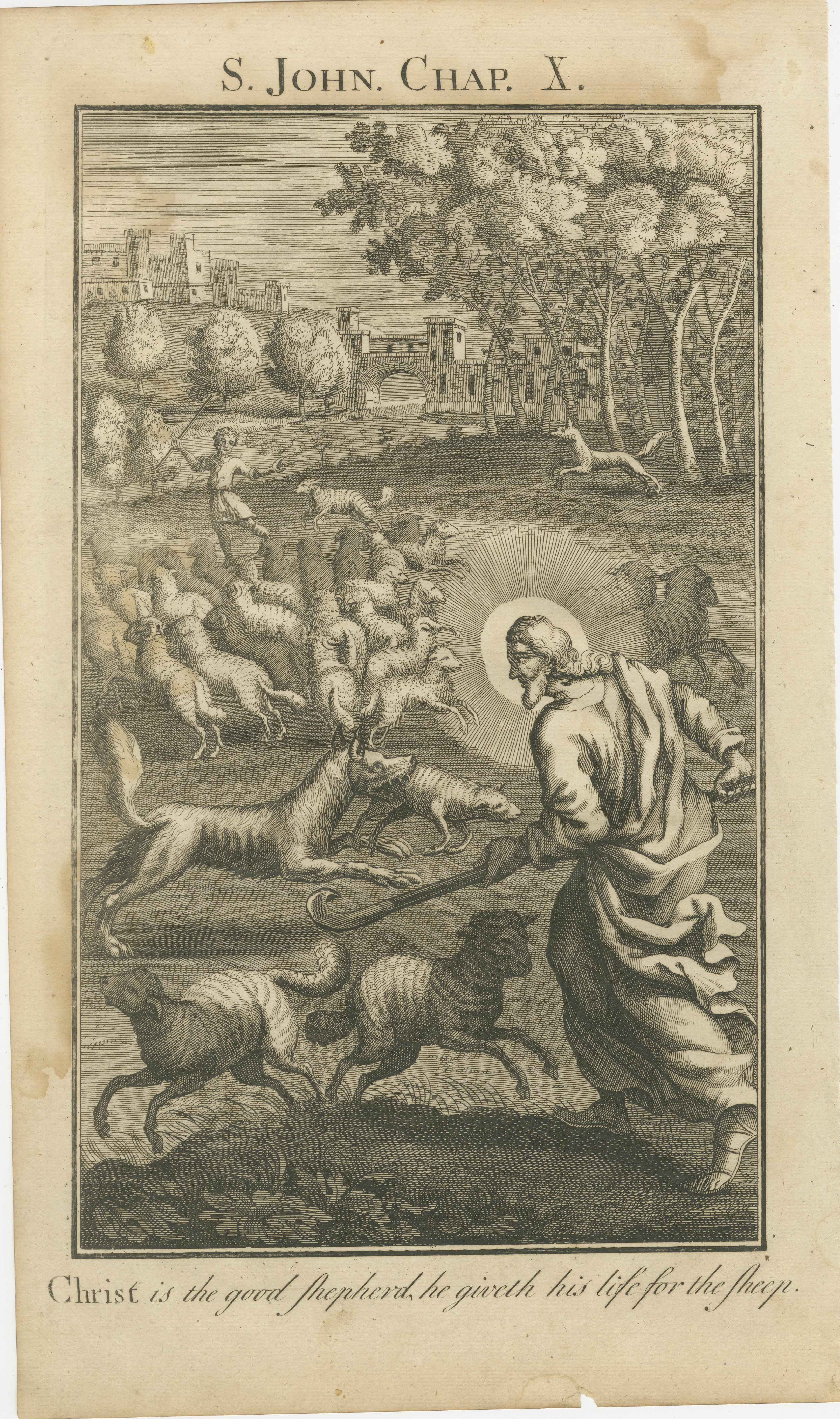 Titel: Jesus als guter Hirte Kupferstich - Johannes X. beschützt seine Herde um 1735

Beschreibung:
Diese symbolträchtige antike Gravur mit dem Titel 