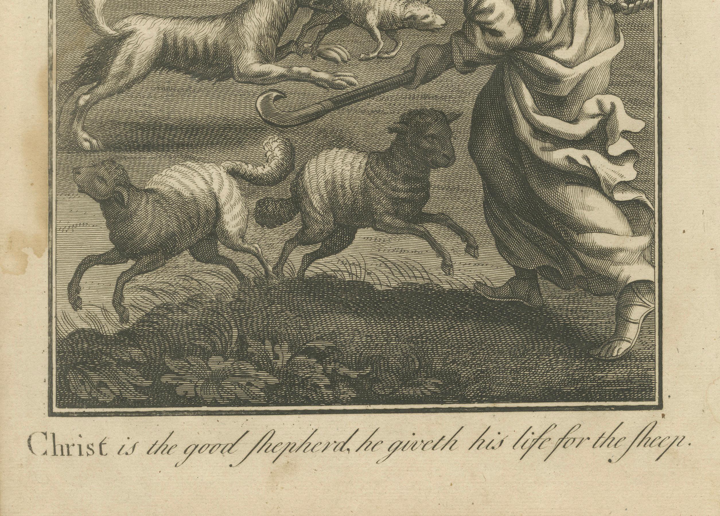 Jesus als guter Hirte Kupferstich - Johannes X. beschützt die Herde c.1735 im Zustand „Relativ gut“ im Angebot in Langweer, NL