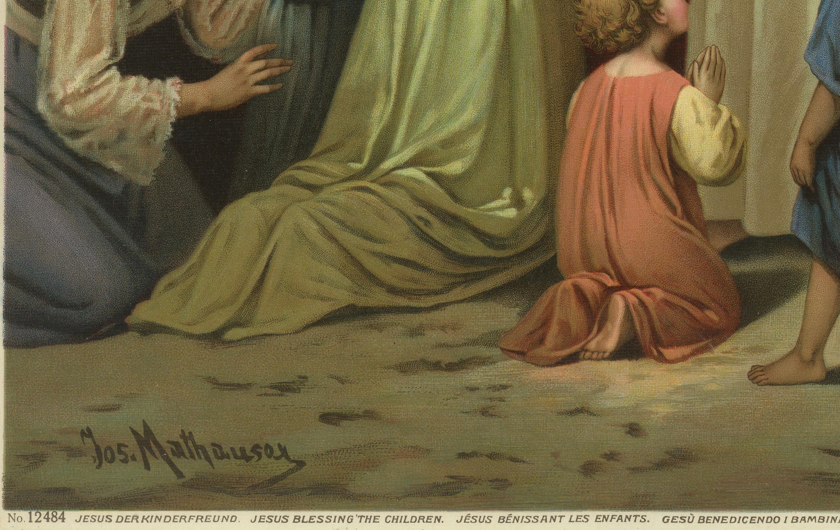 Allemand Jésus bénissant les enfants, ancienne chromolithographie allemande, vers 1900 en vente