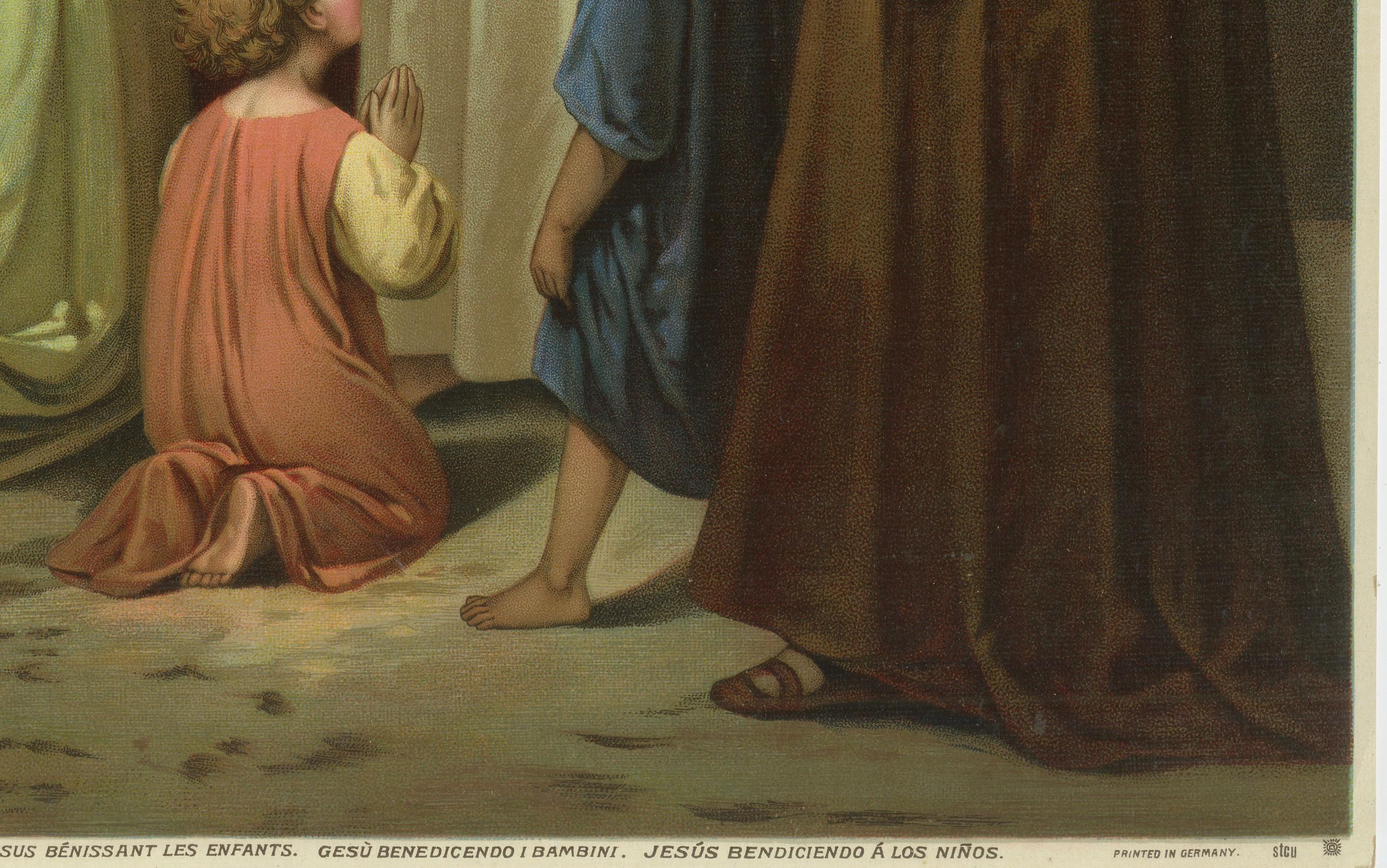 Jésus bénissant les enfants, ancienne chromolithographie allemande, vers 1900 Bon état - En vente à Langweer, NL