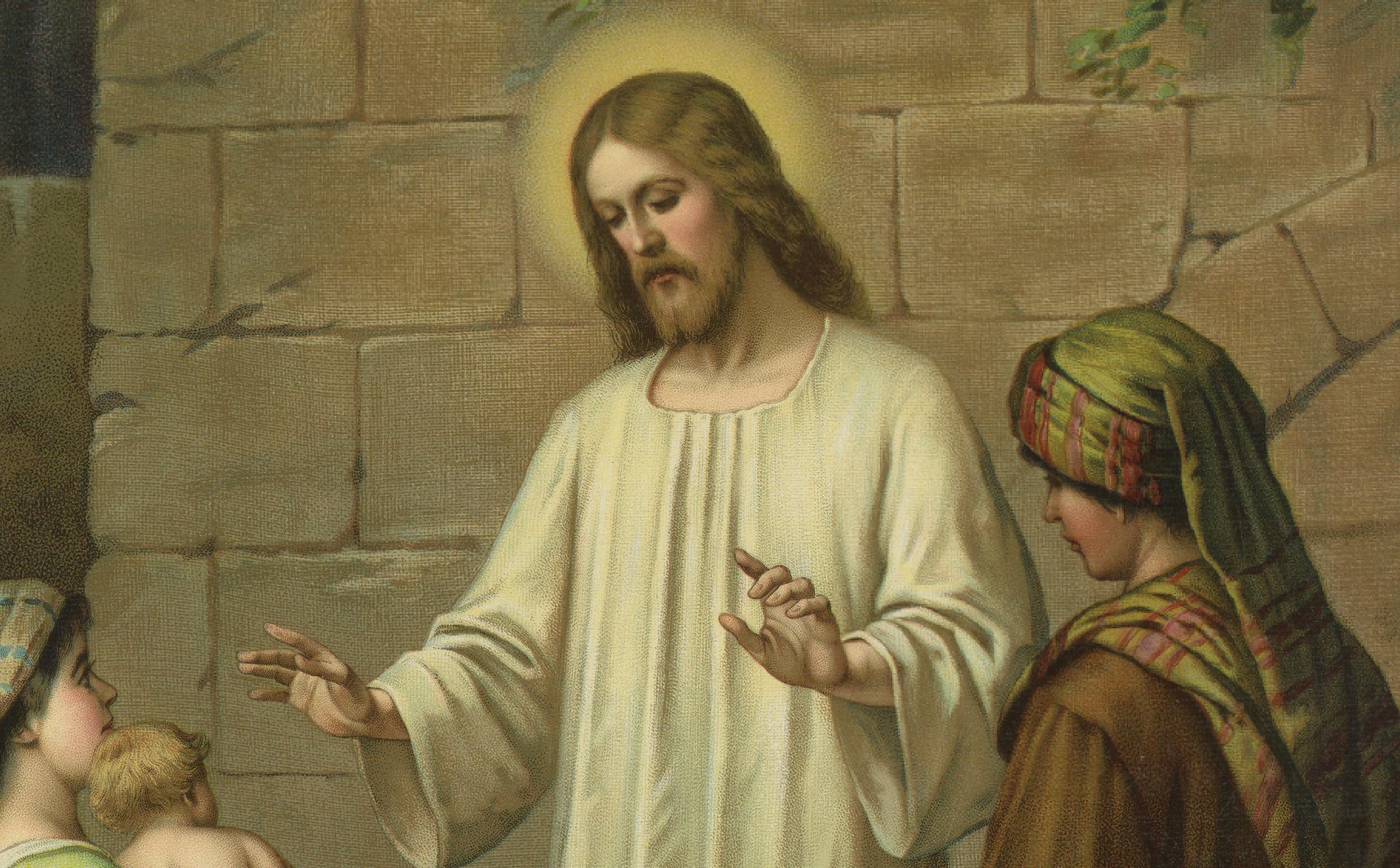 XIXe siècle Jésus bénissant les enfants, ancienne chromolithographie allemande, vers 1900 en vente