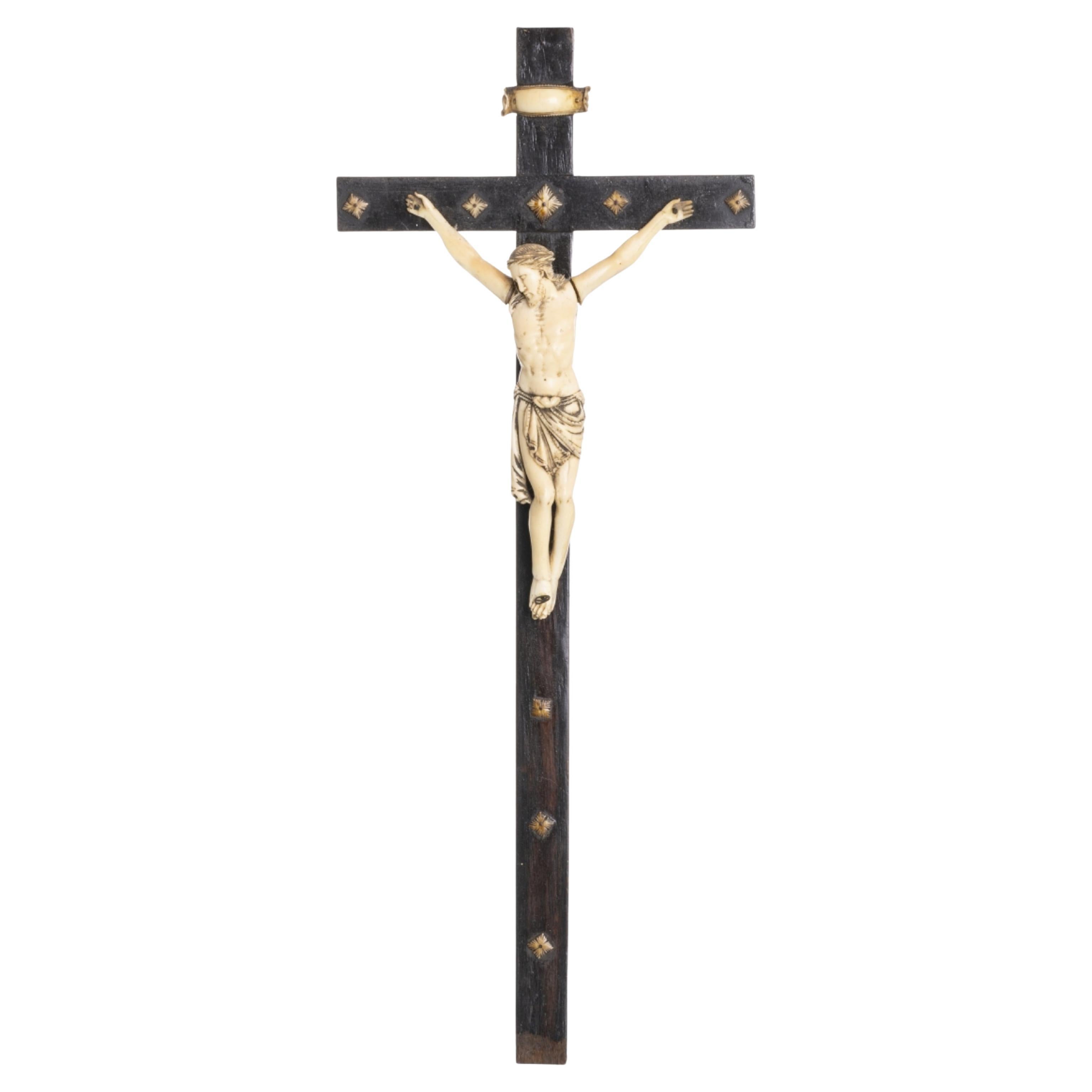 JESUS CHRISTUS GEKREUZIGT  Kreuz aus exotischem Holz, portugiesische Skulptur des 19. Jahrhunderts