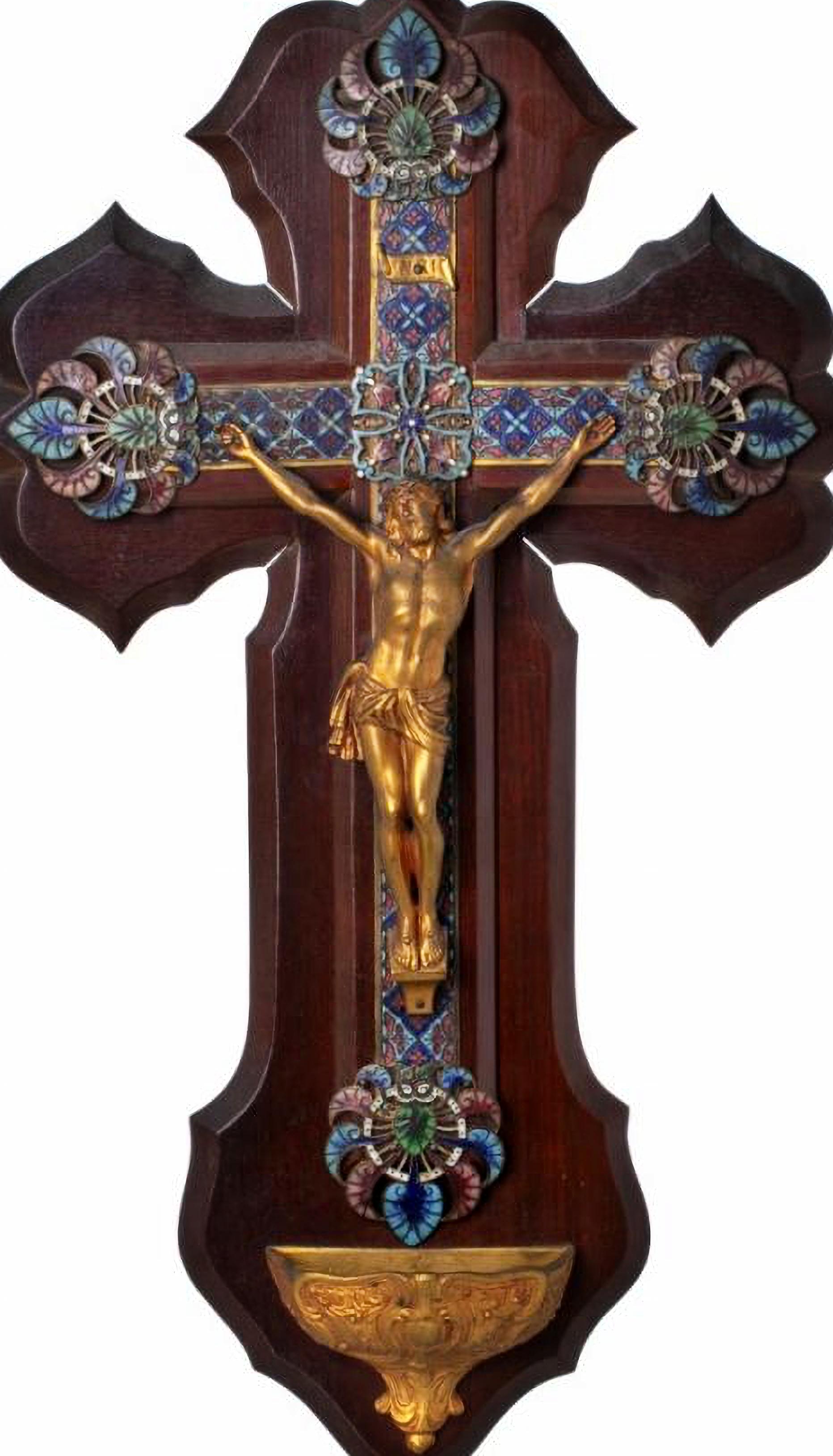JESUS CHRIST CRUCIFIED
European, Germany ? 19th century
Christ and font in bronze, wooden cross, covered with enamel. 
Slight wear. 
Dim.: (cross) 50 x 30 cm; 
Height: (christ) 16 cm
very good condition