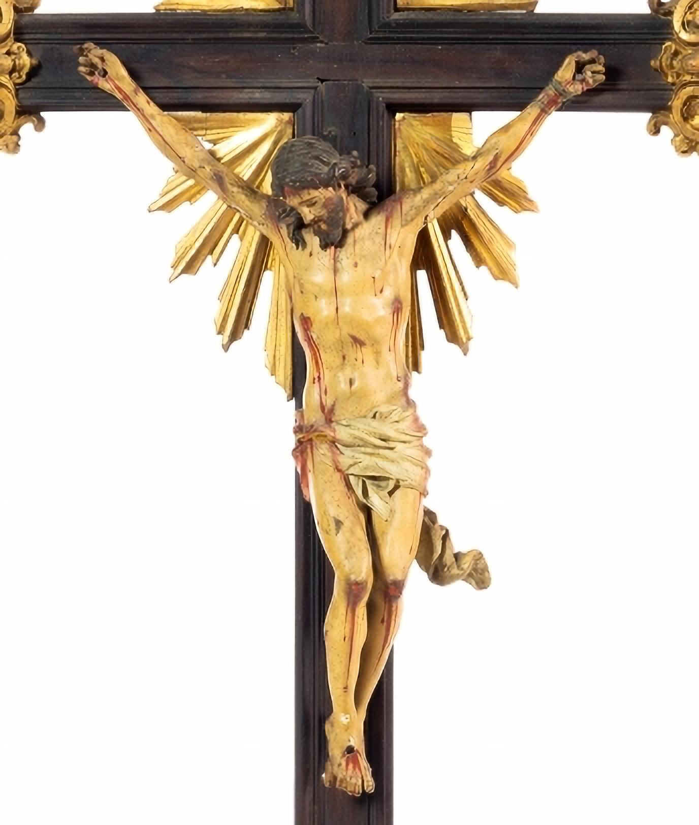 Baroque Jesus Christ Crucified Portuguese Sculpture 18th Century H: 98cm For Sale