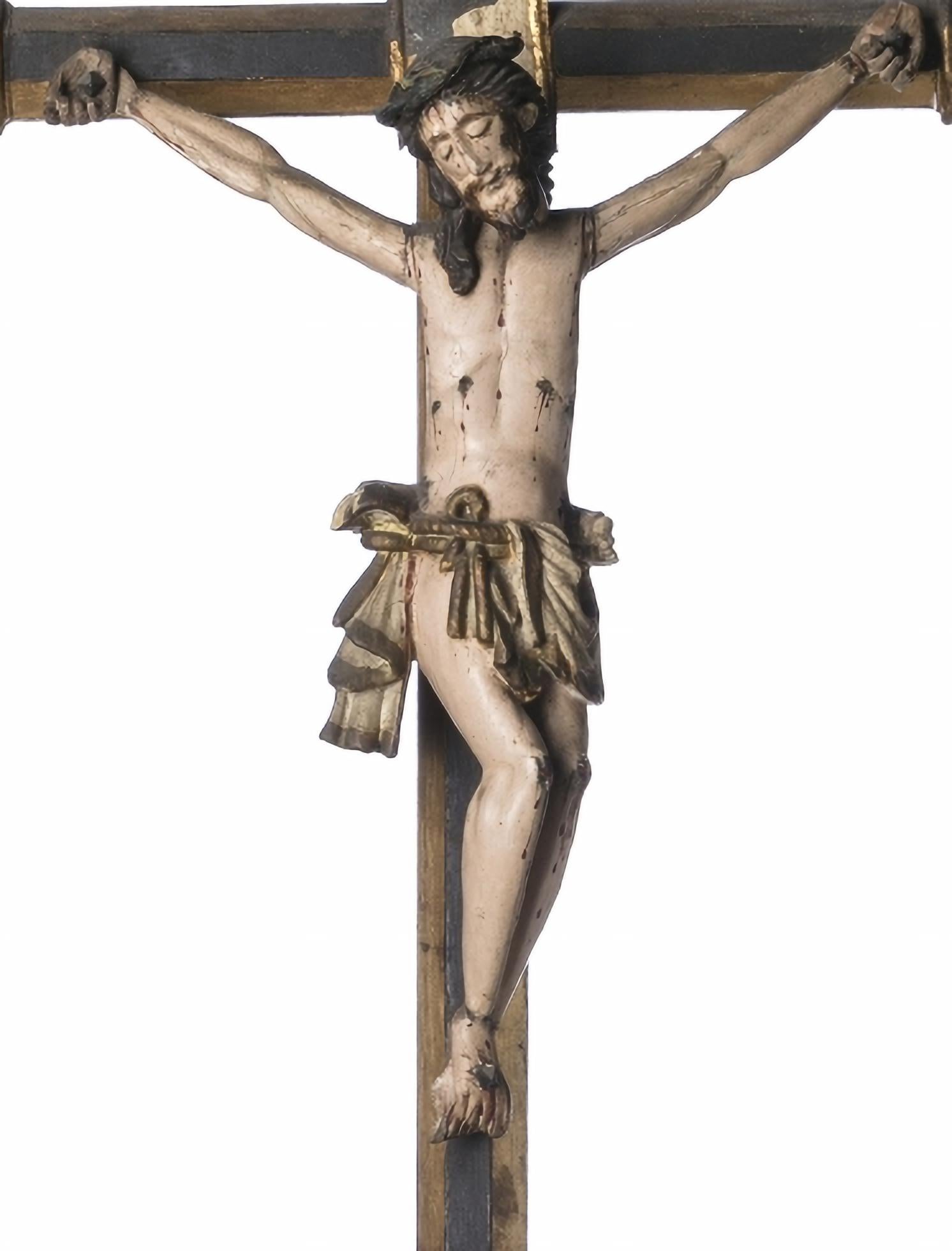 JESUS CHRIST CRUCIFIED

17th Century Portuguese sculpture
in carved wood, polychrome and gilded.
Small flaws in the polychromy.
Height: (Christ) 32 cm. Height: (total) 86 cm.
good conditions
