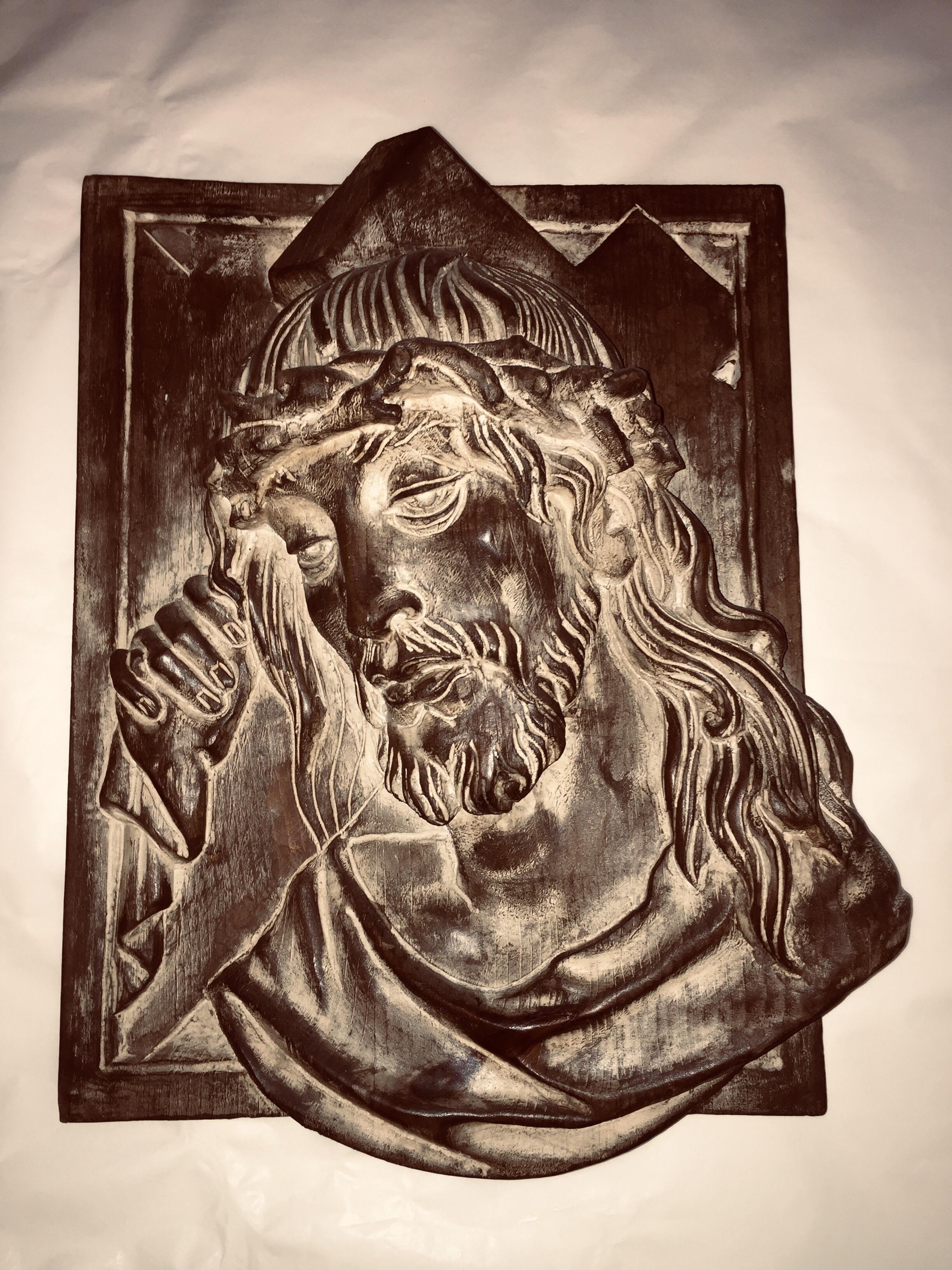 Carved Jesus Christ Head Relief Italian Vintage Wall Decoration Panel For Sale