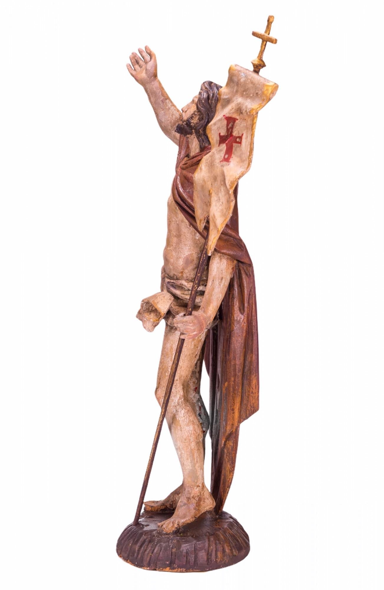 16th Century Italian carved-wood and polychromed sculpture of Jesus Christ the conqueror raising the flag after his resurrection.