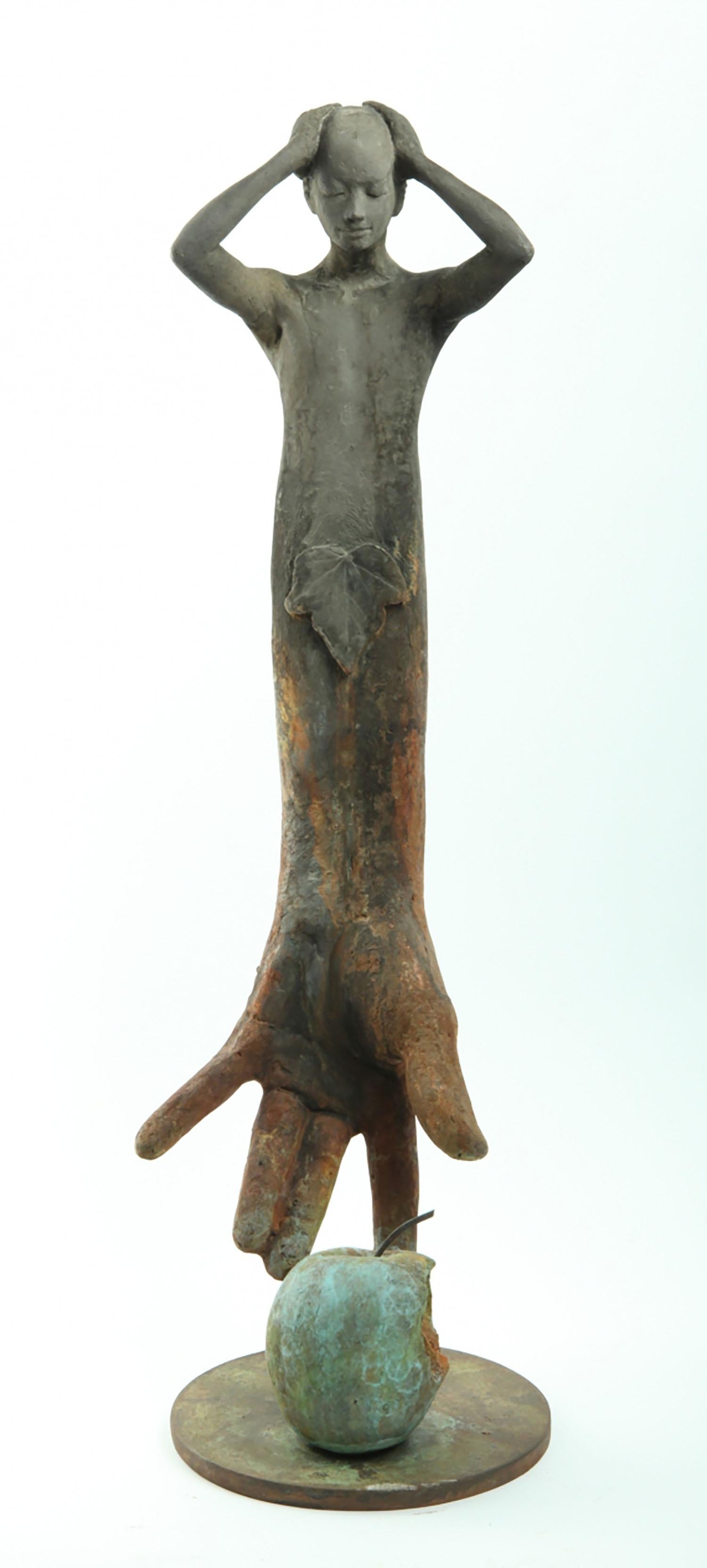 Adan- Bronze Figure of Adam with Hand Reaching Down to Bitten Apple - Sculpture by Jesus Curia Perez