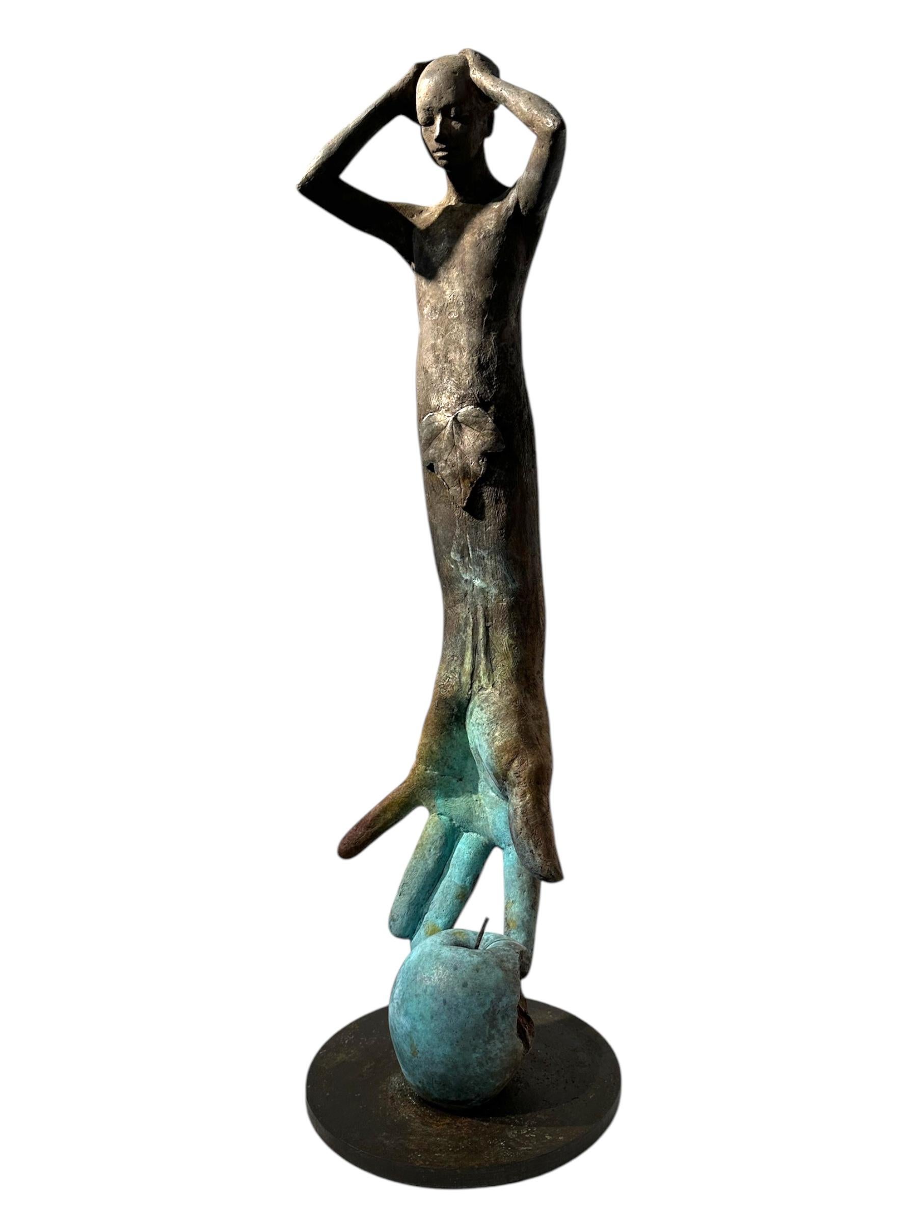 Adan- Bronze Figure of Adam with Hand Reaching Down to Bitten Apple - Contemporary Sculpture by Jesus Curia Perez