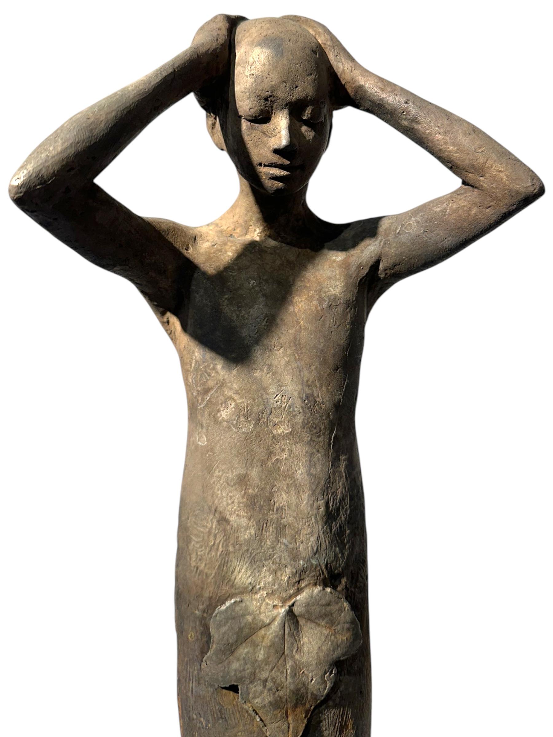 Adan- Bronze Figure of Adam with Hand Reaching Down to Bitten Apple - Gold Nude Sculpture by Jesus Curia Perez