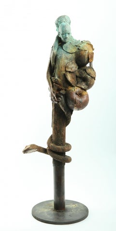 Adan Y Eva - Bronze Figures of Adam and Eve Surrounded by Apples and a Snake