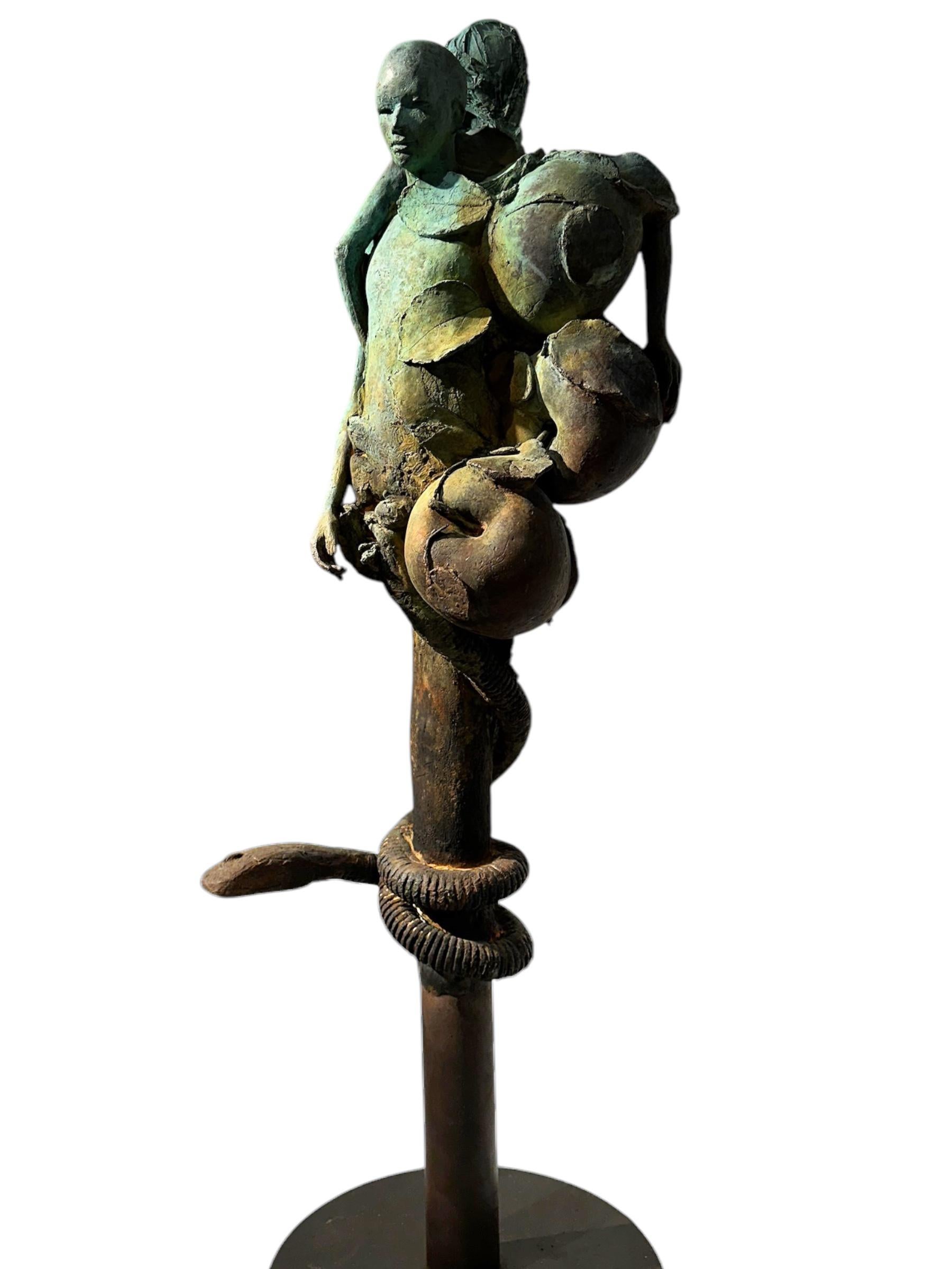 Adan Y Eva - Bronze Figures of Adam and Eve Surrounded by Apples and a Snake - Gold Figurative Sculpture by Jesus Curia Perez