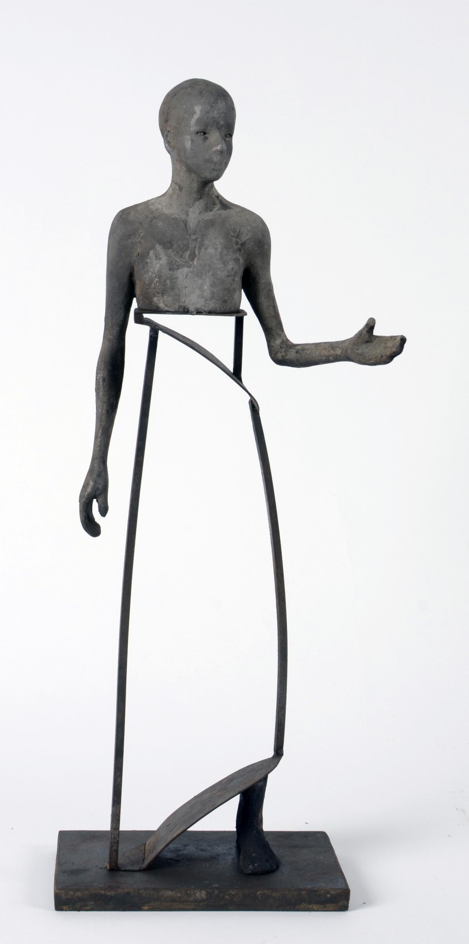 Jesus Curia Perez Figurative Sculpture - Aire IV, Bronze Head, Torso and Foot with Abstract Open Body Steel Sculpture