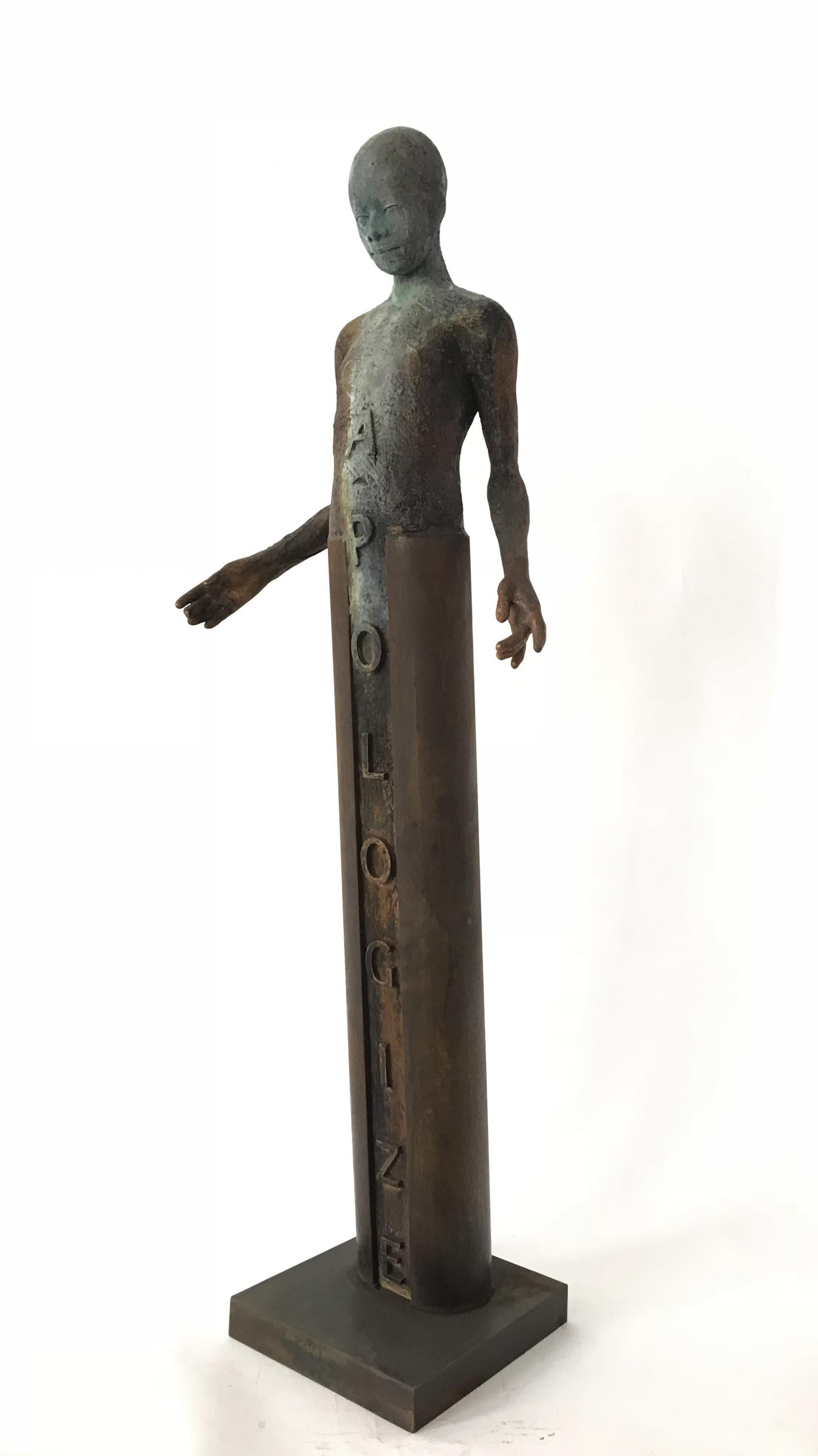 Jesus Curia Perez Abstract Sculpture - Apologize, Bronze Sculpture of a Single Figure, "Fuck You" Emblazoned on Back