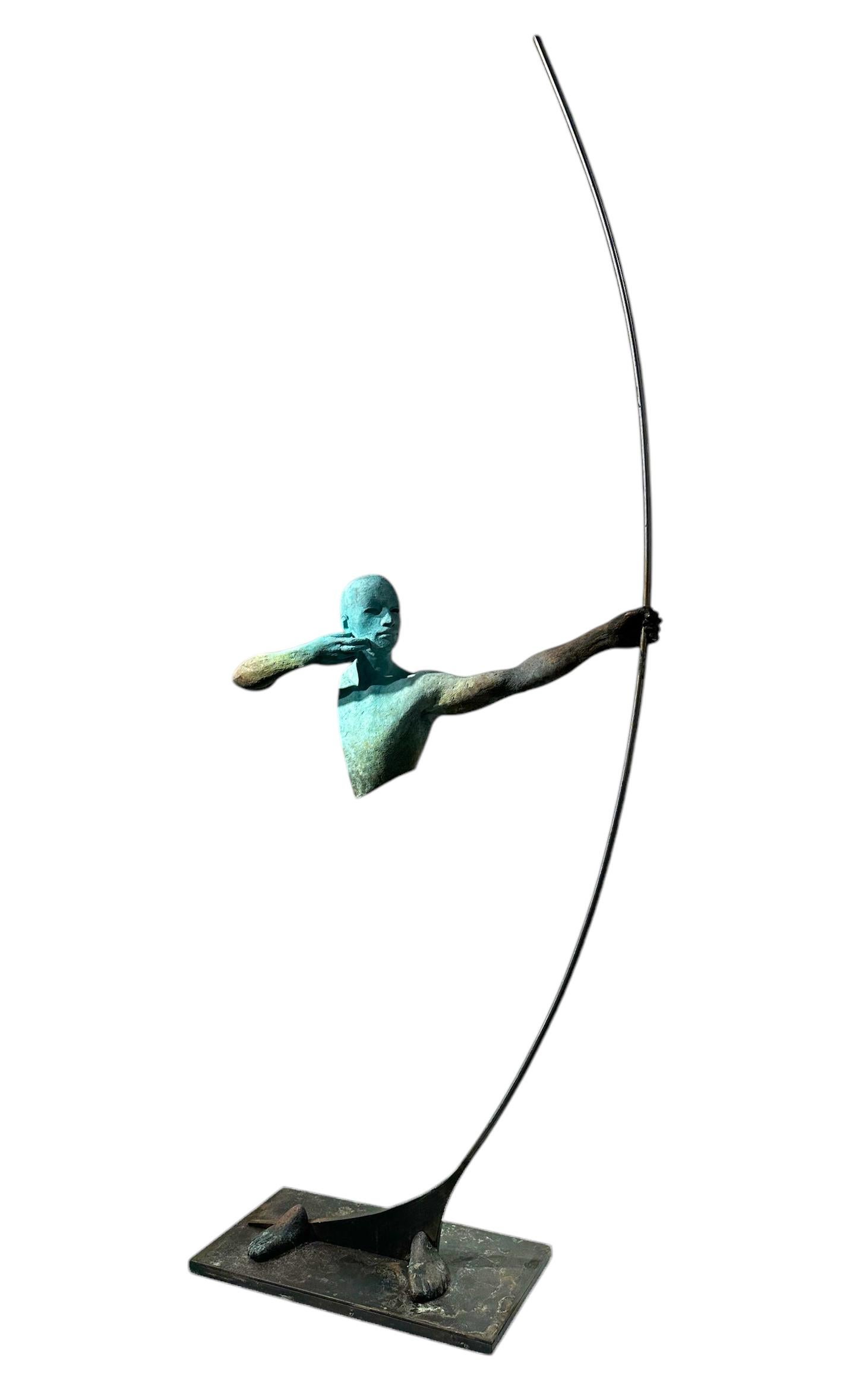 Arco I - Bronze Archer Suspended from a Stainless Steel Bow - Sculpture by Jesus Curia Perez