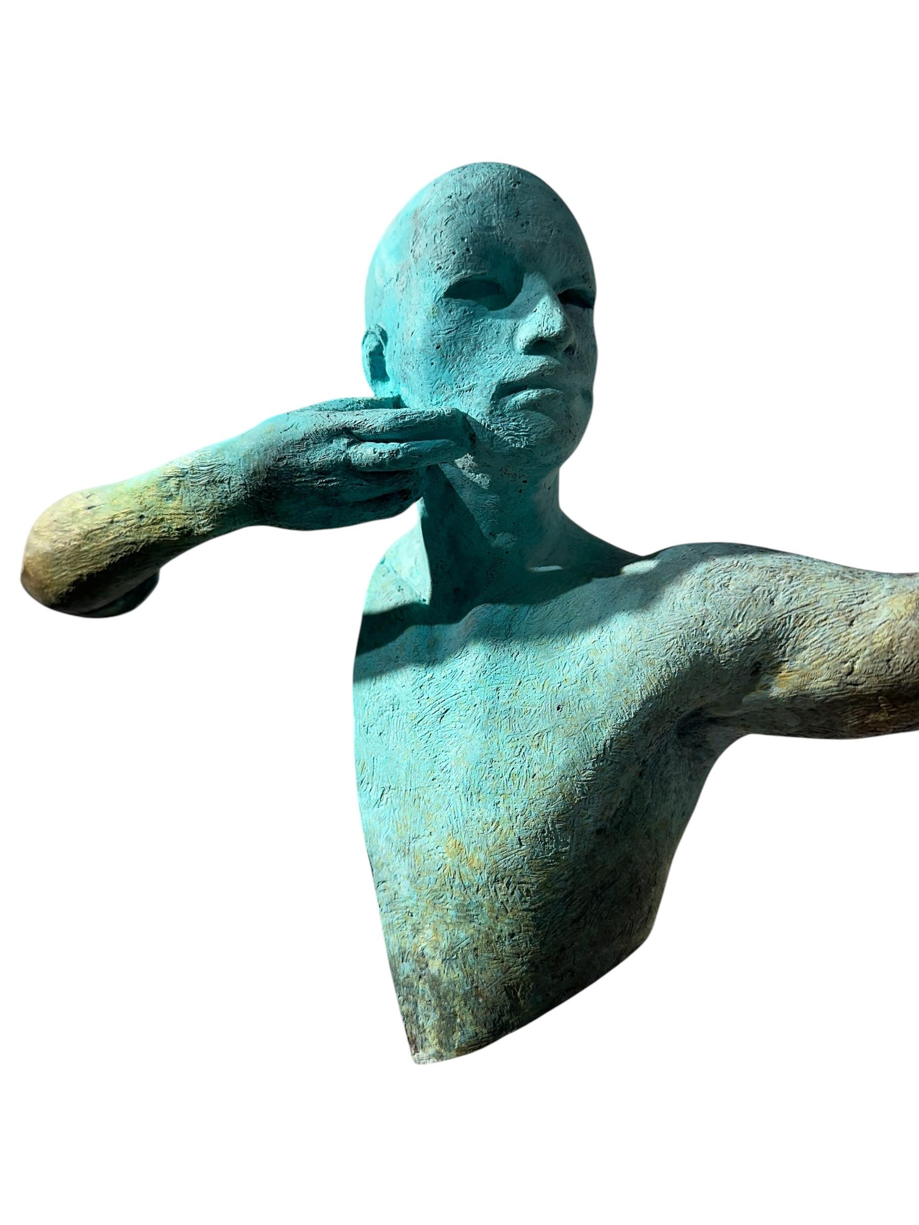 Arco I - Bronze Archer Suspended from a Stainless Steel Bow - Gold Figurative Sculpture by Jesus Curia Perez