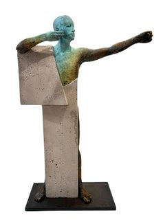 Arco II - Bronze Figure Poised Shooting an Arrow, Verdigris Patina, Steel Base