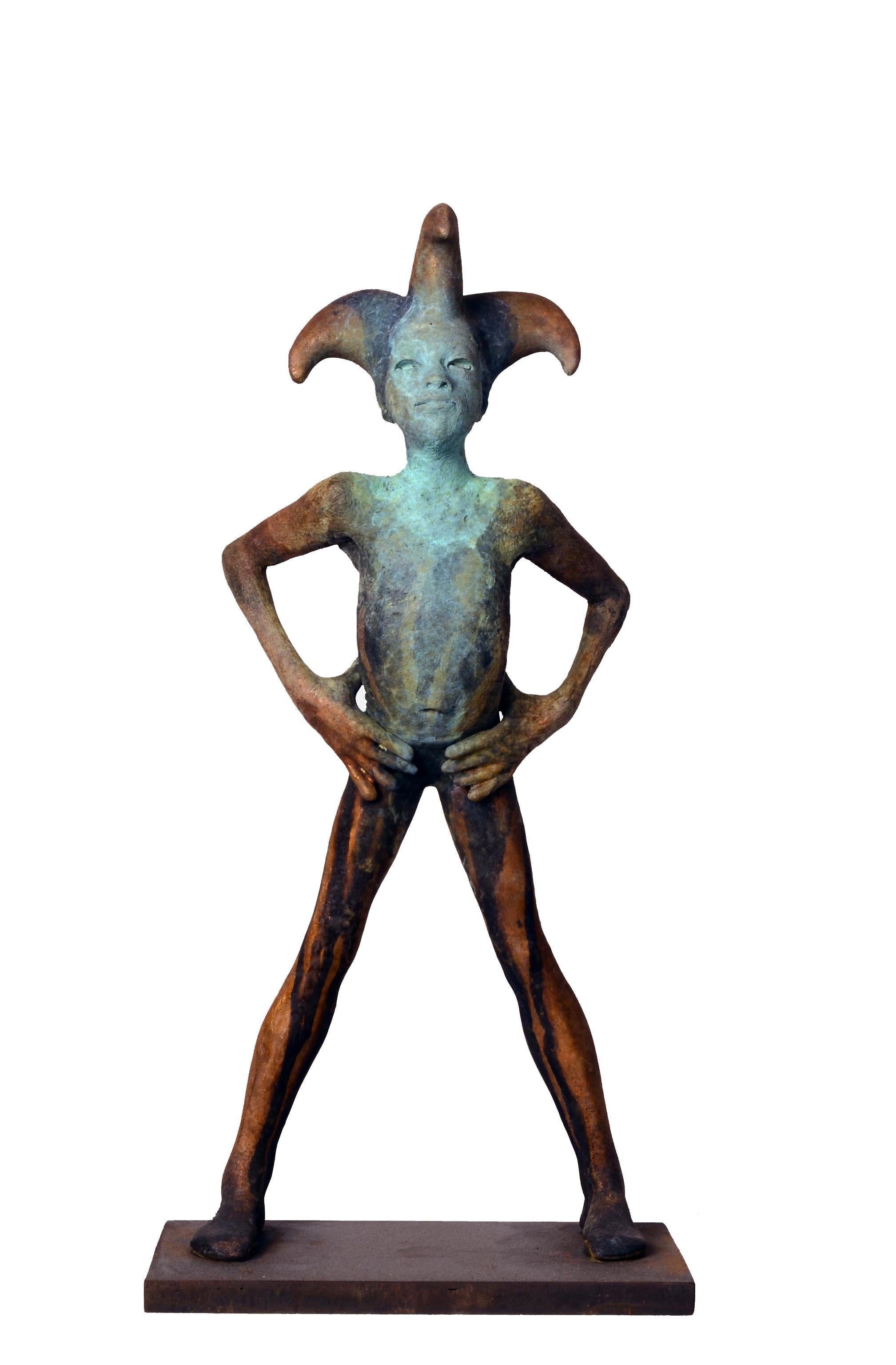 Jesus Curia Perez Nude Sculpture - Arlequin III - Bronze Commedia dell'arte Sculpture, Jester with Hands on Hips