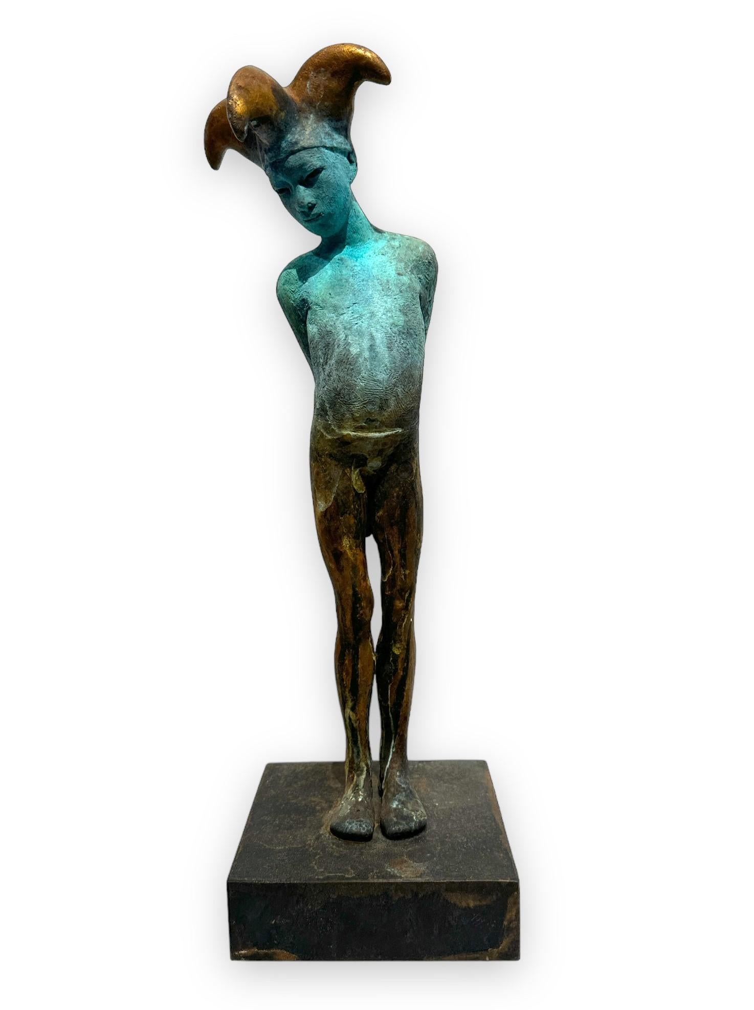 Jesus Curia Perez Figurative Sculpture - Arlequin IV - Bronze Commedia dell'Arte Sculpture, Jester with Hands Held Back
