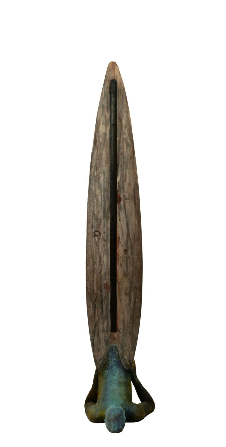 Boat III, Large Bronze and Wood Sculpture of Inverted Balancing Figure - Brown Abstract Sculpture by Jesus Curia Perez