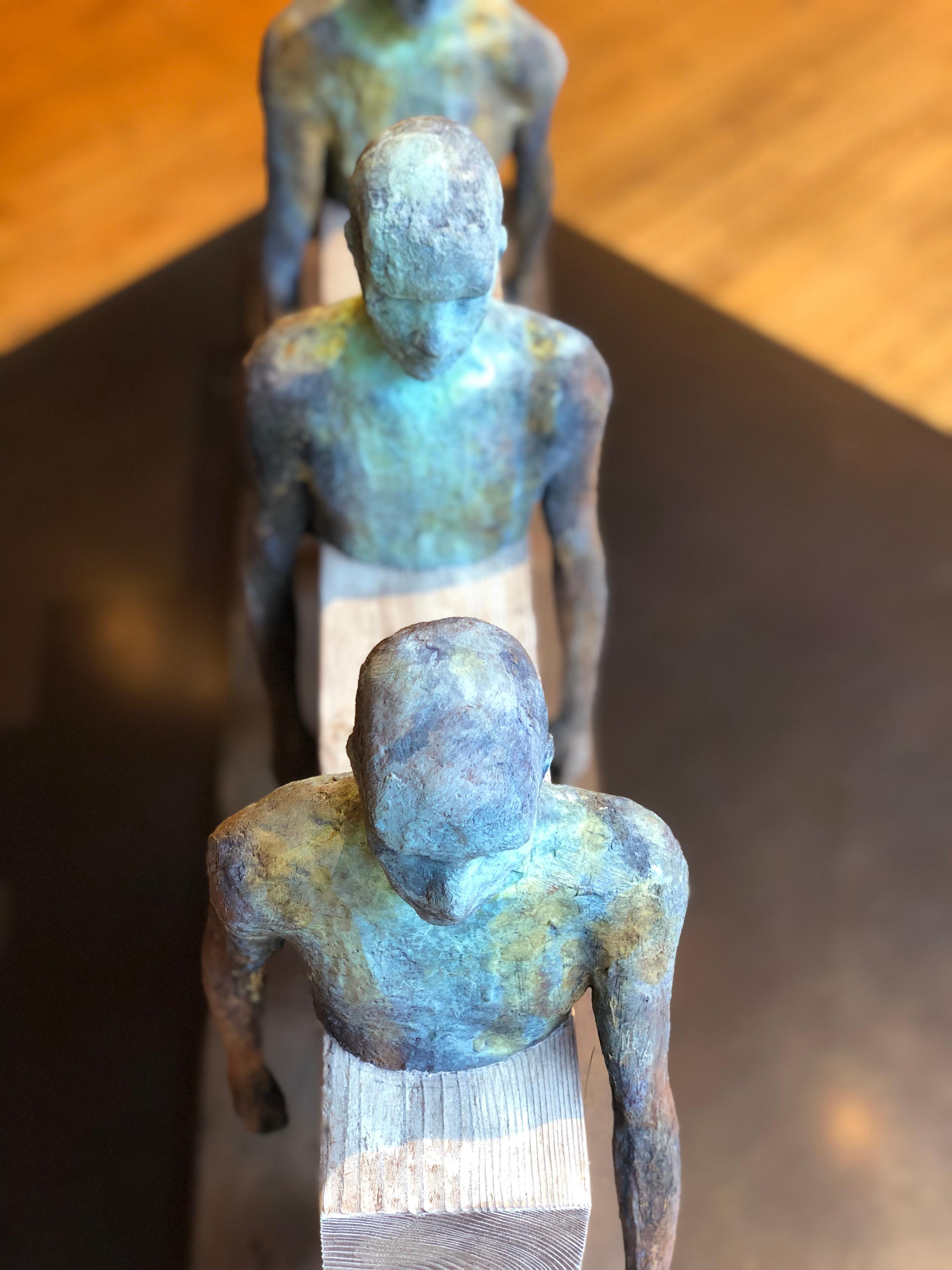 Caminantres - Bronze, Steel & Wood, Sculpture of Three Figures Walking in Tandem 3