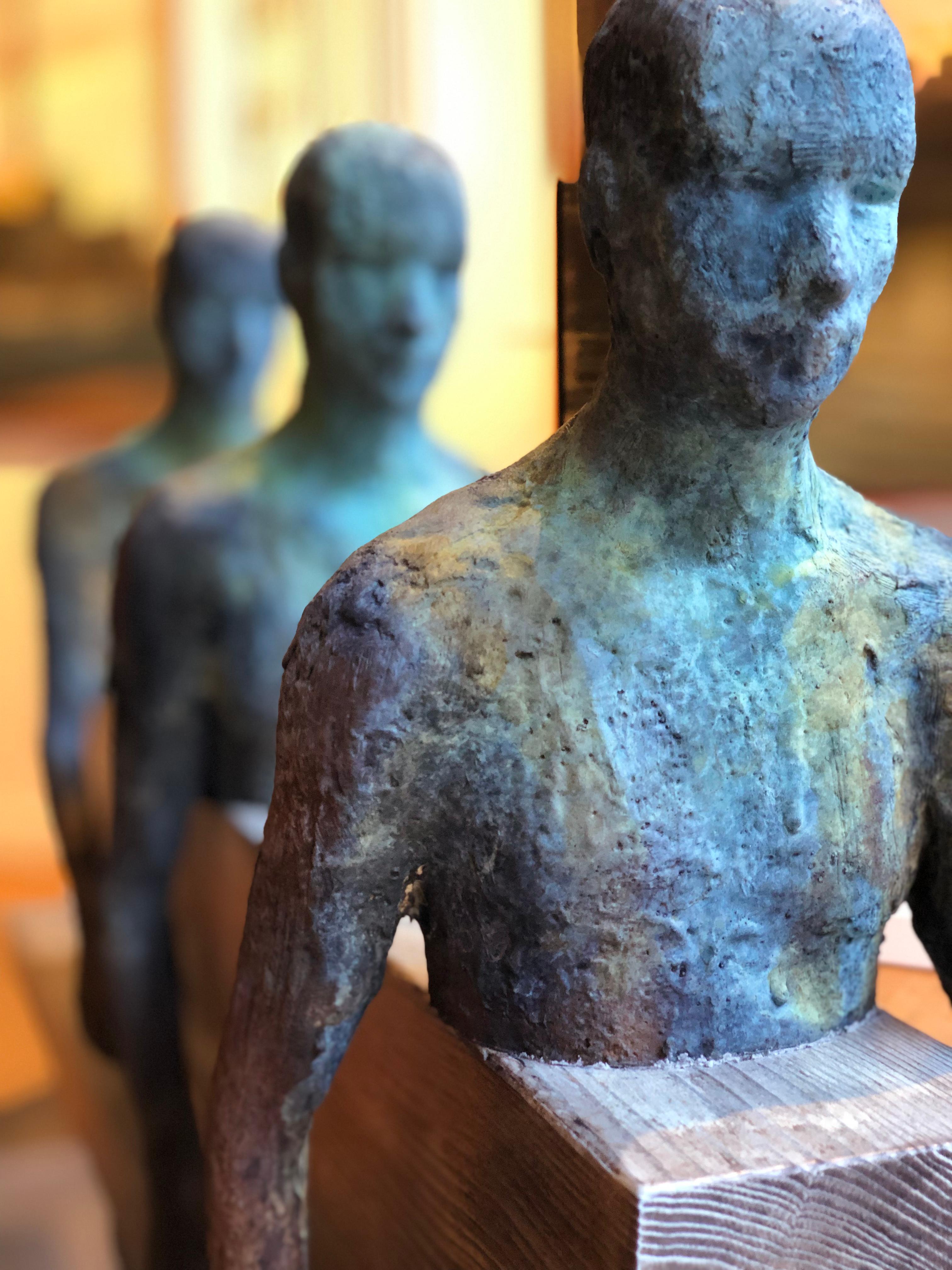 Caminantres - Bronze, Steel & Wood, Sculpture of Three Figures Walking in Tandem 4
