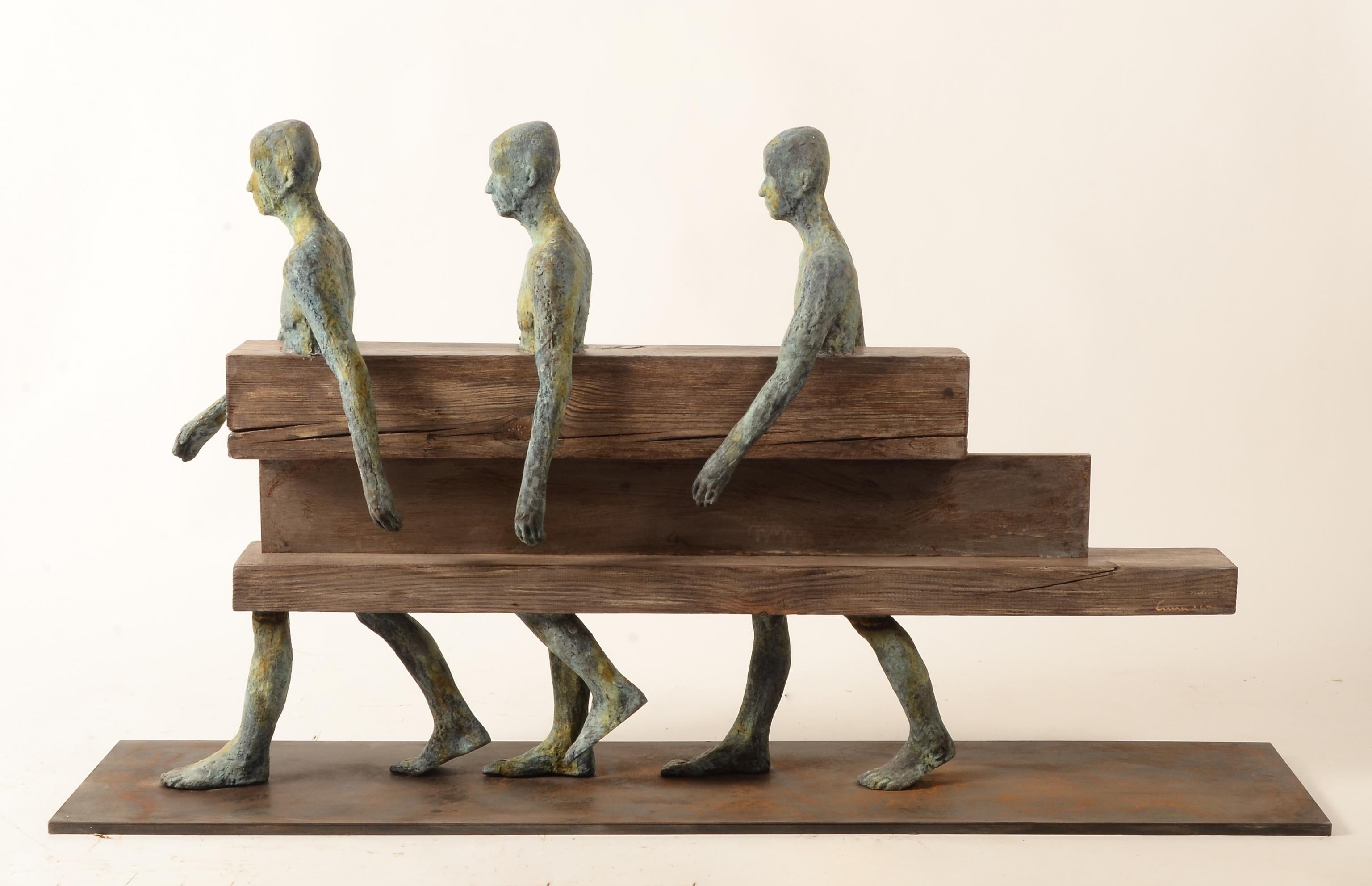 Jesus Curia Perez Abstract Sculpture - Caminantres - Bronze, Steel & Wood, Sculpture of Three Figures Walking in Tandem