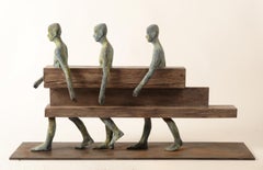 Caminantres - Bronze, Steel & Wood, Sculpture of Three Figures Walking in Tandem
