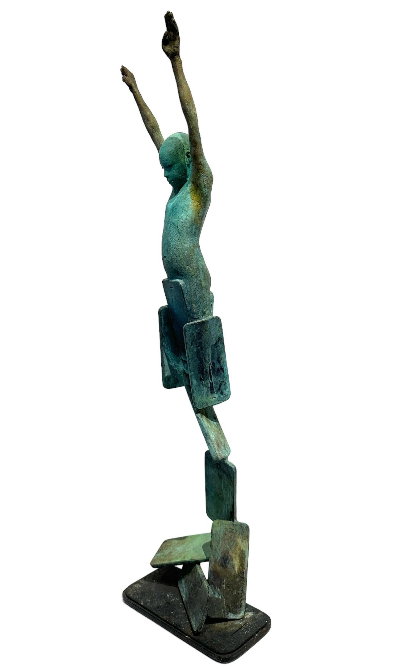 Conectados VI - Bronze Figure Emerging From a Collection of Stacked Tiles For Sale 3