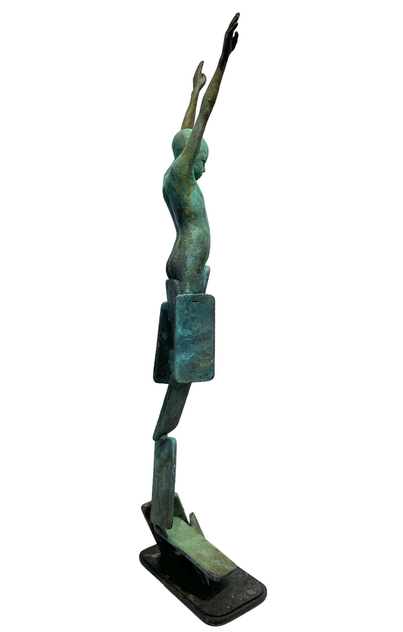Conectados VI - Bronze Figure Emerging From a Collection of Stacked Tiles For Sale 1
