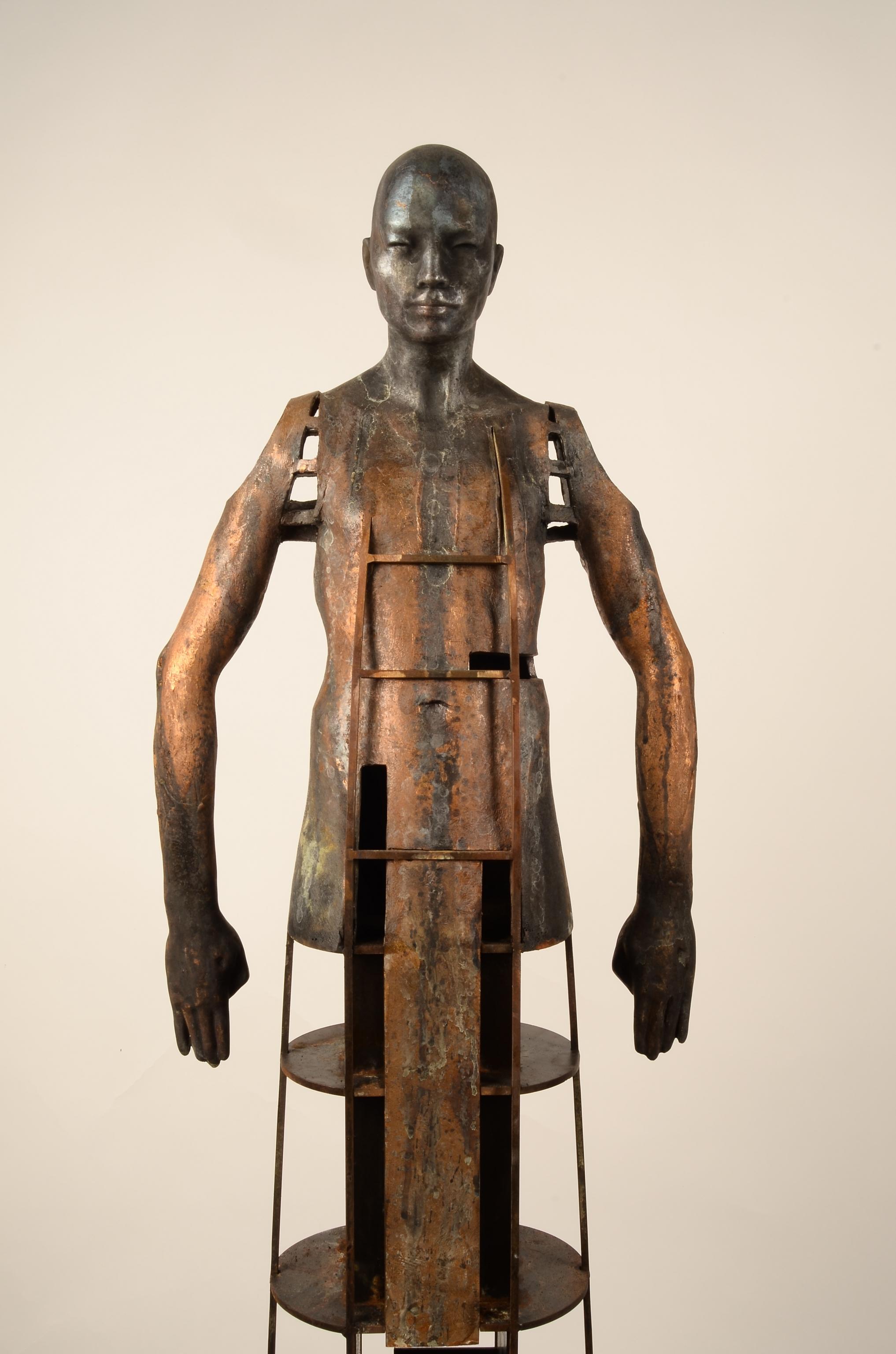 Construction II - Bronze Sculpture Surreal Transfiguring Human Form, Lush Patina - Gold Abstract Sculpture by Jesus Curia Perez