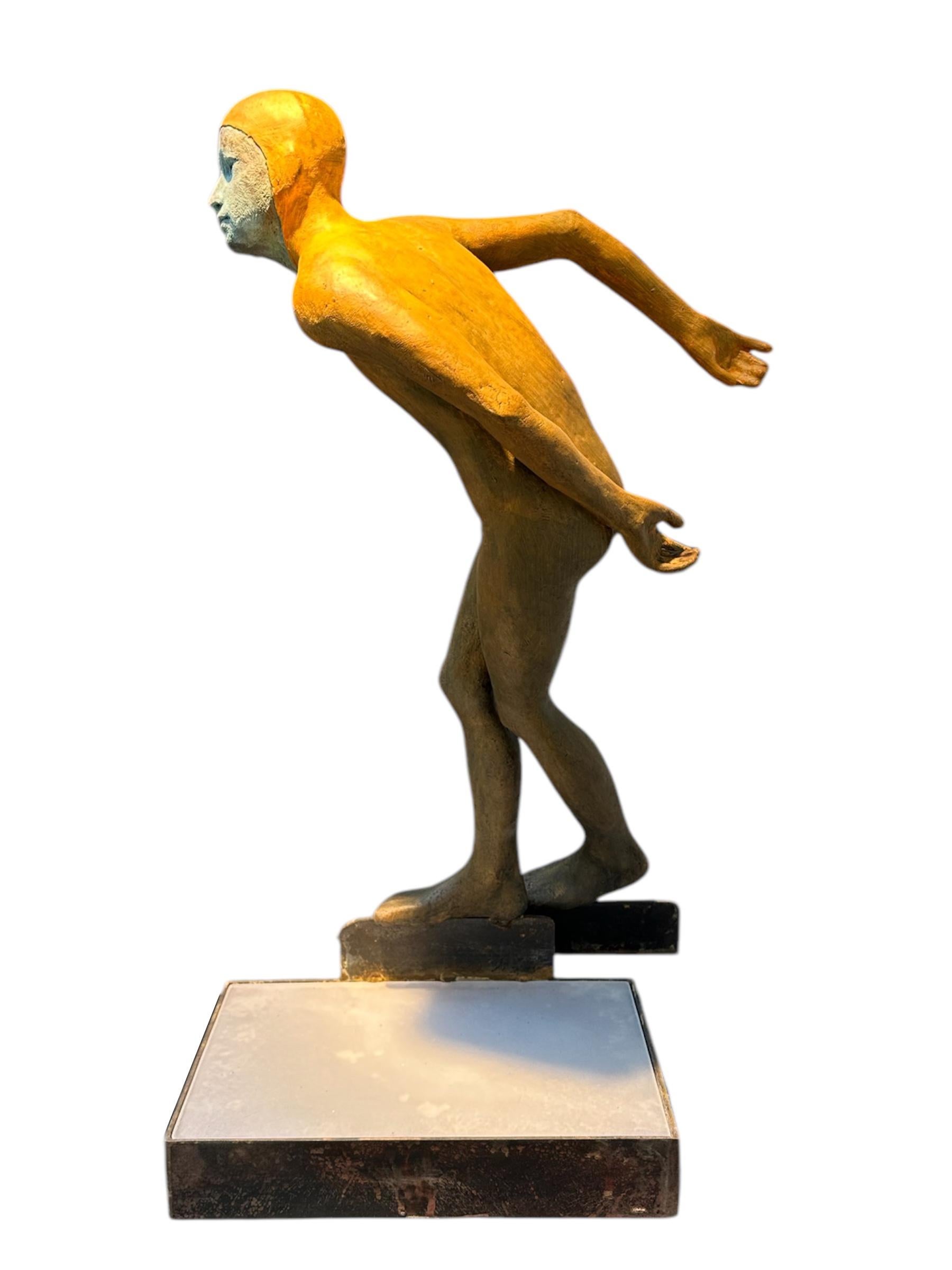 Deslizando - Bronze Sculpture of Speed Skating Figure in Orange Outfit For Sale 8