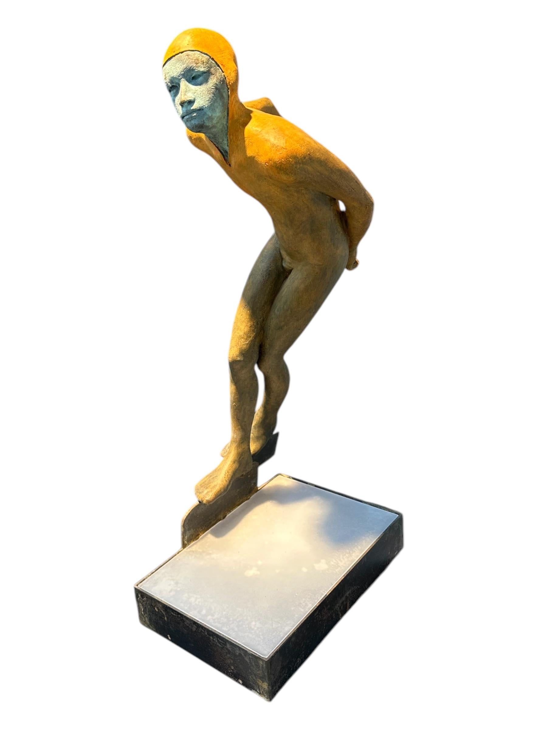 Deslizando - Bronze Sculpture of Speed Skating Figure in Orange Outfit For Sale 9