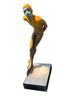 Deslizando - Bronze Sculpture of Speed Skating Figure in Orange Outfit