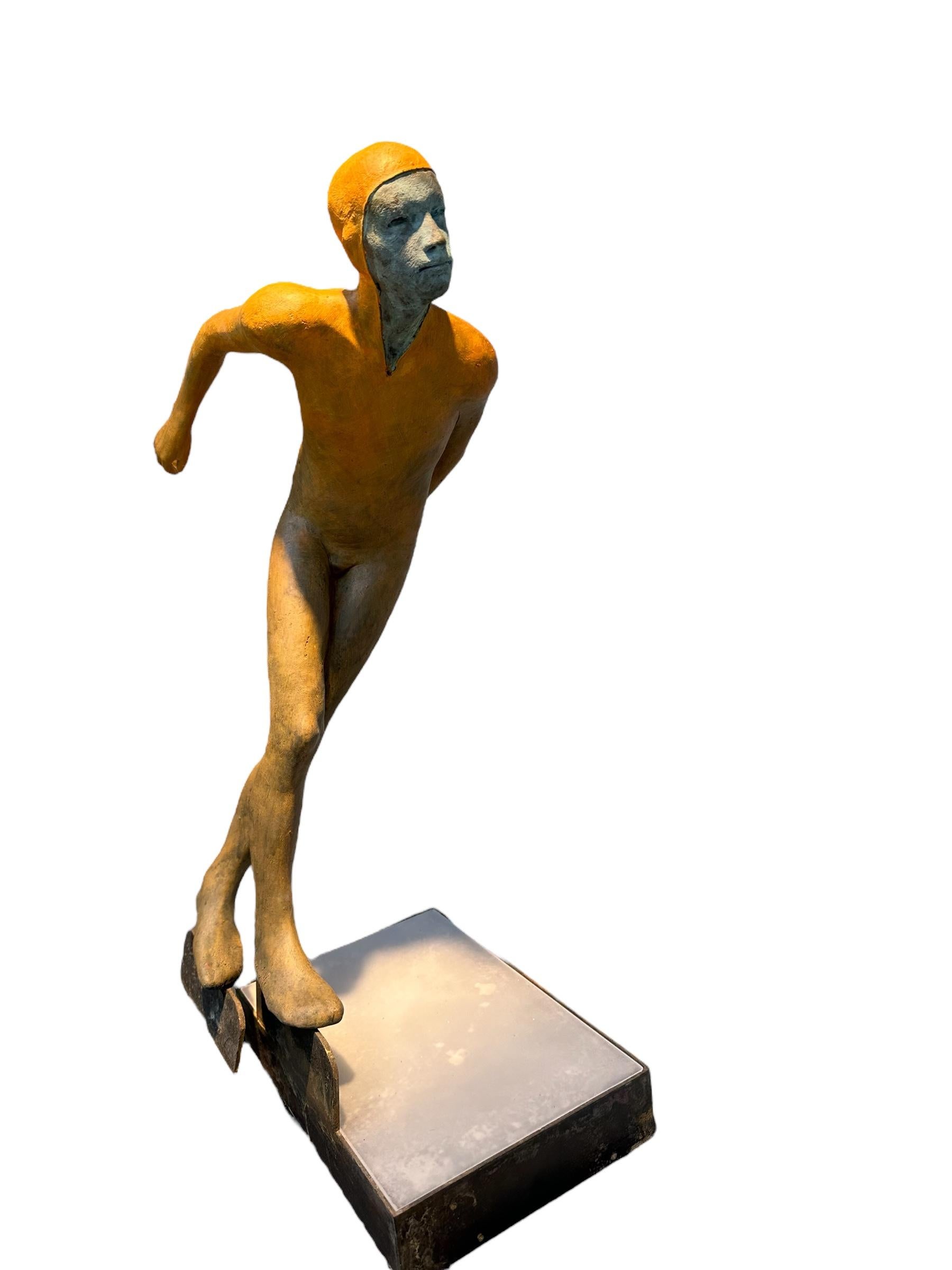 Deslizando - Bronze Sculpture of Speed Skating Figure in Orange Outfit For Sale 1