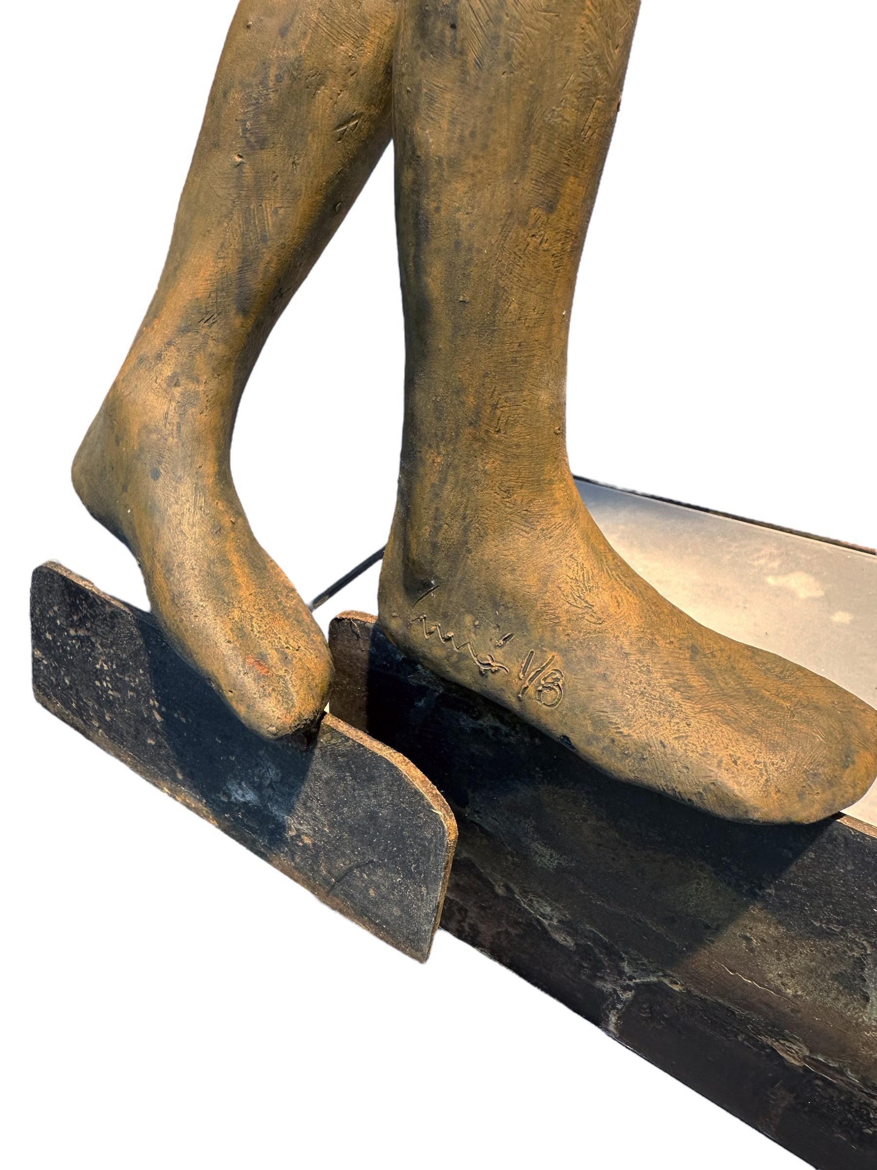 Deslizando - Bronze Sculpture of Speed Skating Figure in Orange Outfit For Sale 2