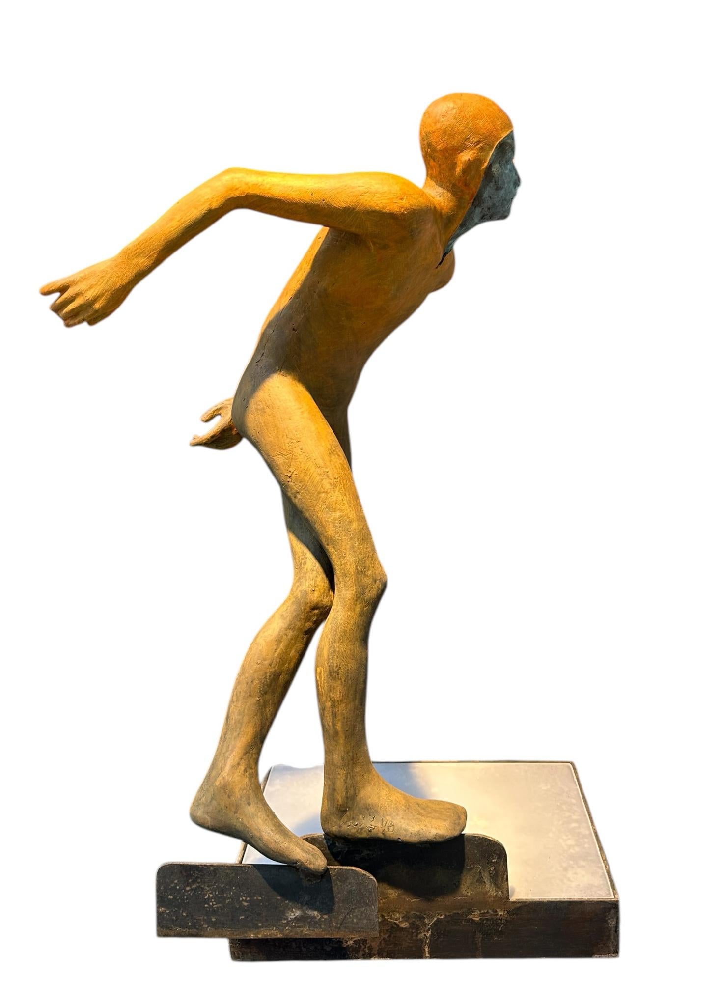 Deslizando - Bronze Sculpture of Speed Skating Figure in Orange Outfit For Sale 4