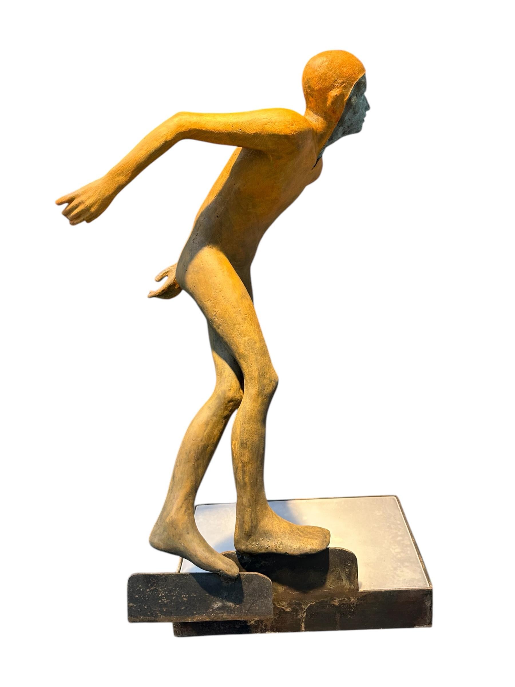 Deslizando - Bronze Sculpture of Speed Skating Figure in Orange Outfit For Sale 5