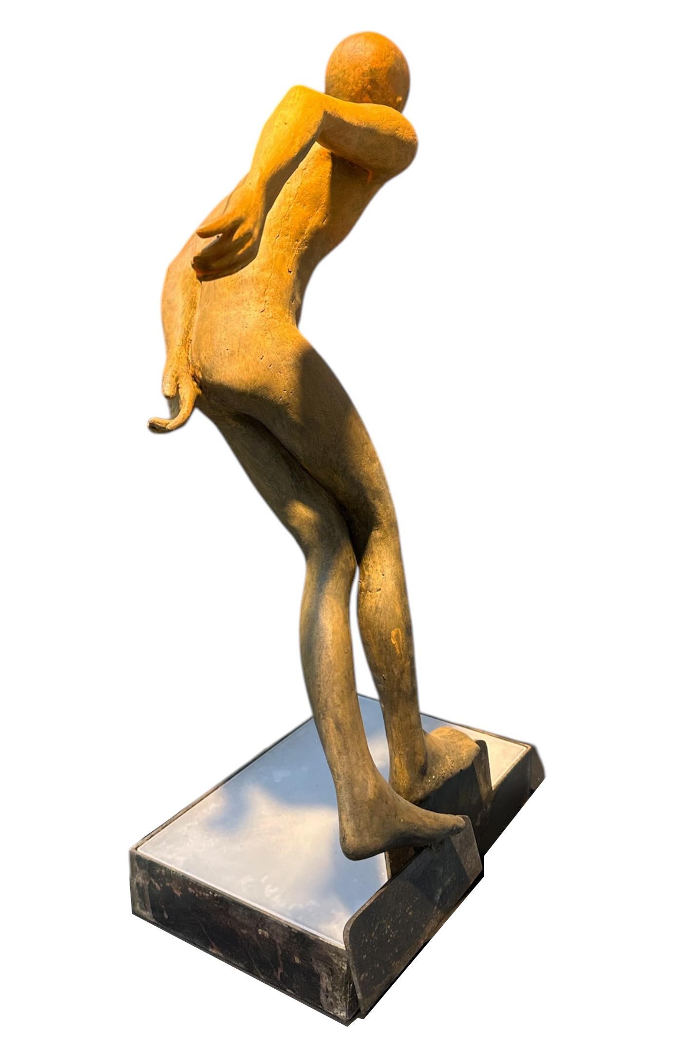 Deslizando - Bronze Sculpture of Speed Skating Figure in Orange Outfit For Sale 6