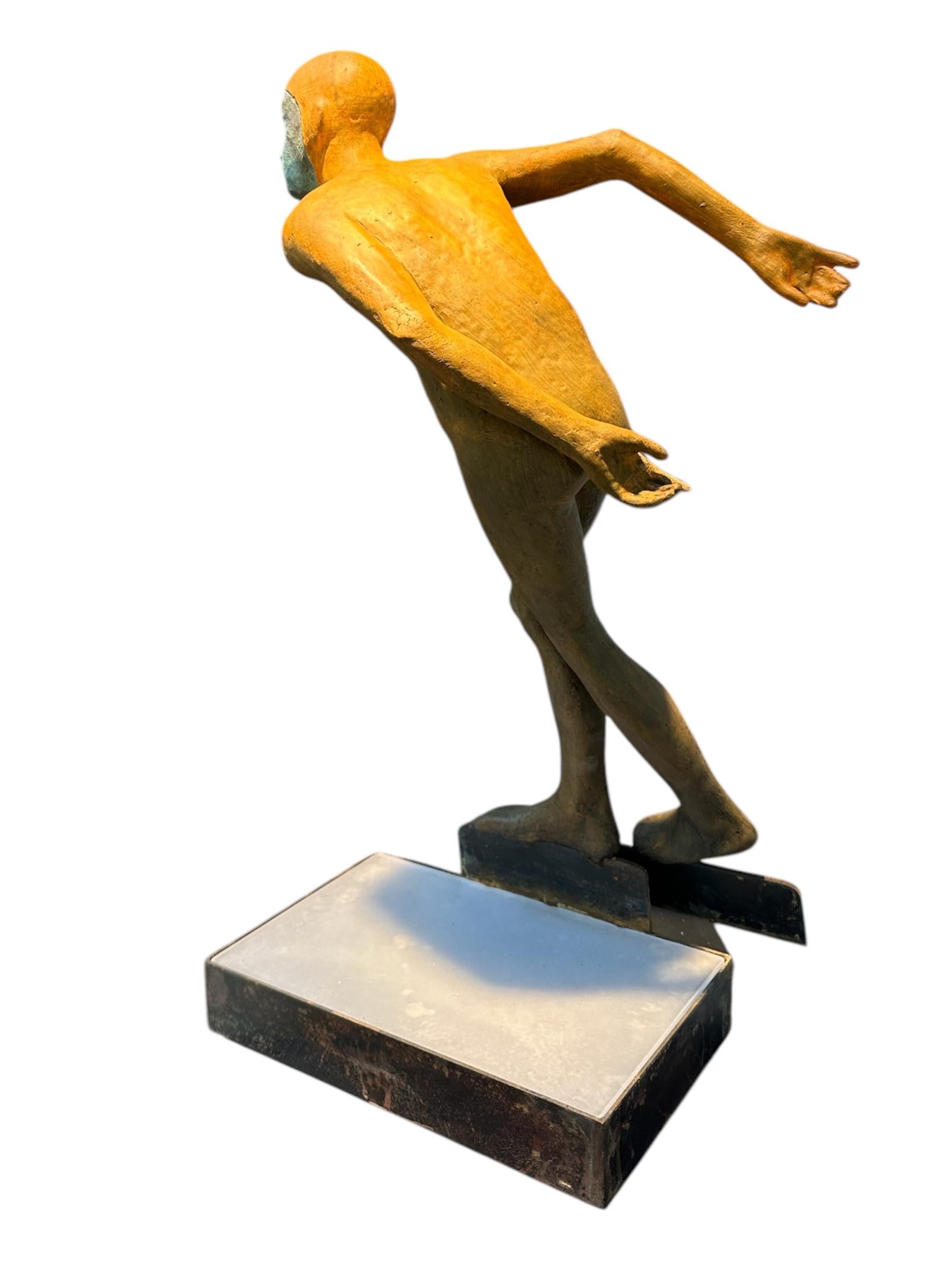 Deslizando - Bronze Sculpture of Speed Skating Figure in Orange Outfit For Sale 7