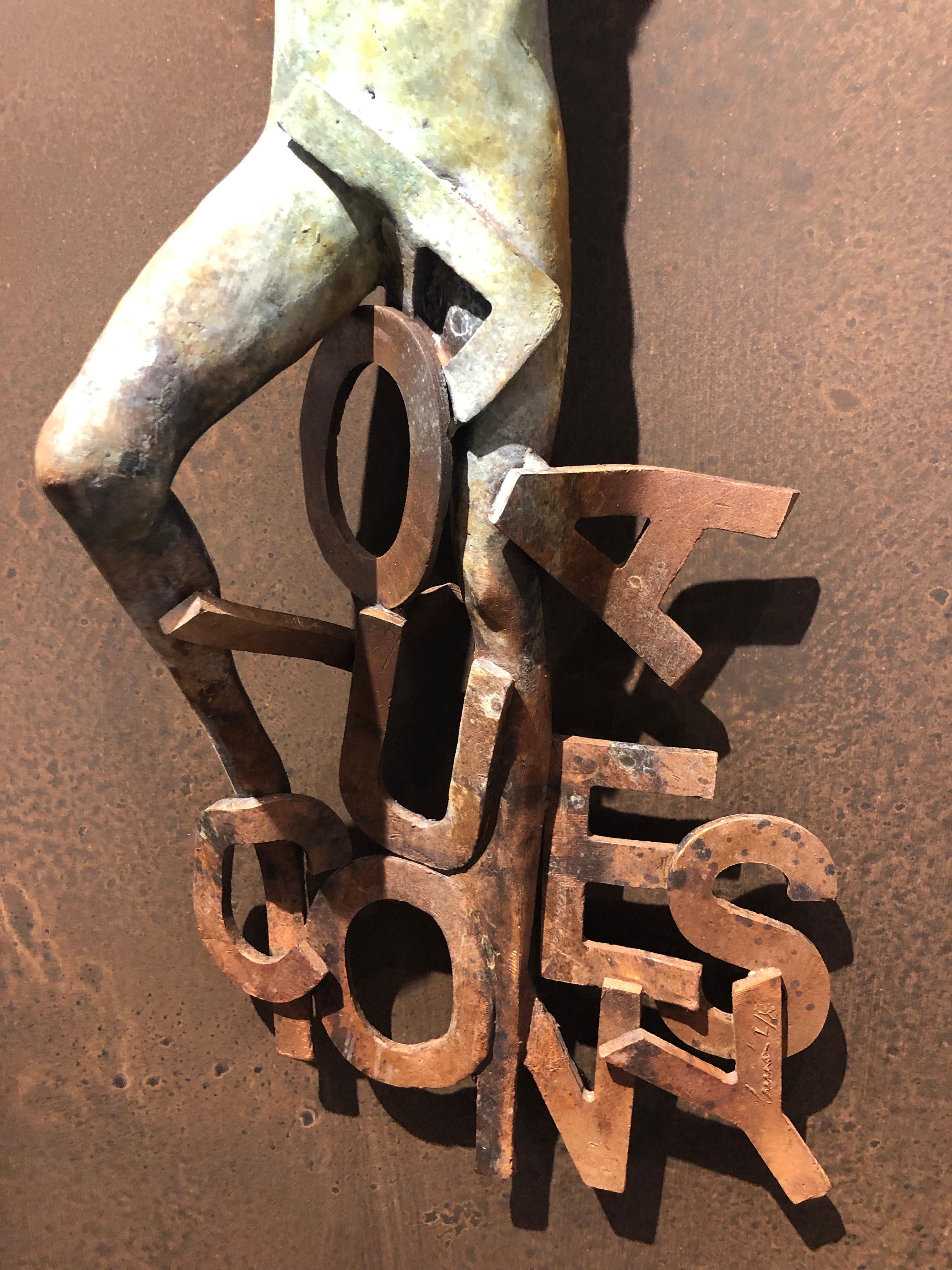 Dream I - Bronze and Steel Wall Sculpture with Figure and Letter Abstraction - Gold Figurative Sculpture by Jesus Curia Perez