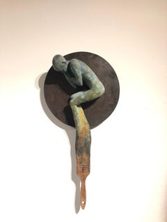 Dream III - Bronze Wall Hanging Surreal Sculpture of Figure and Painting Brush