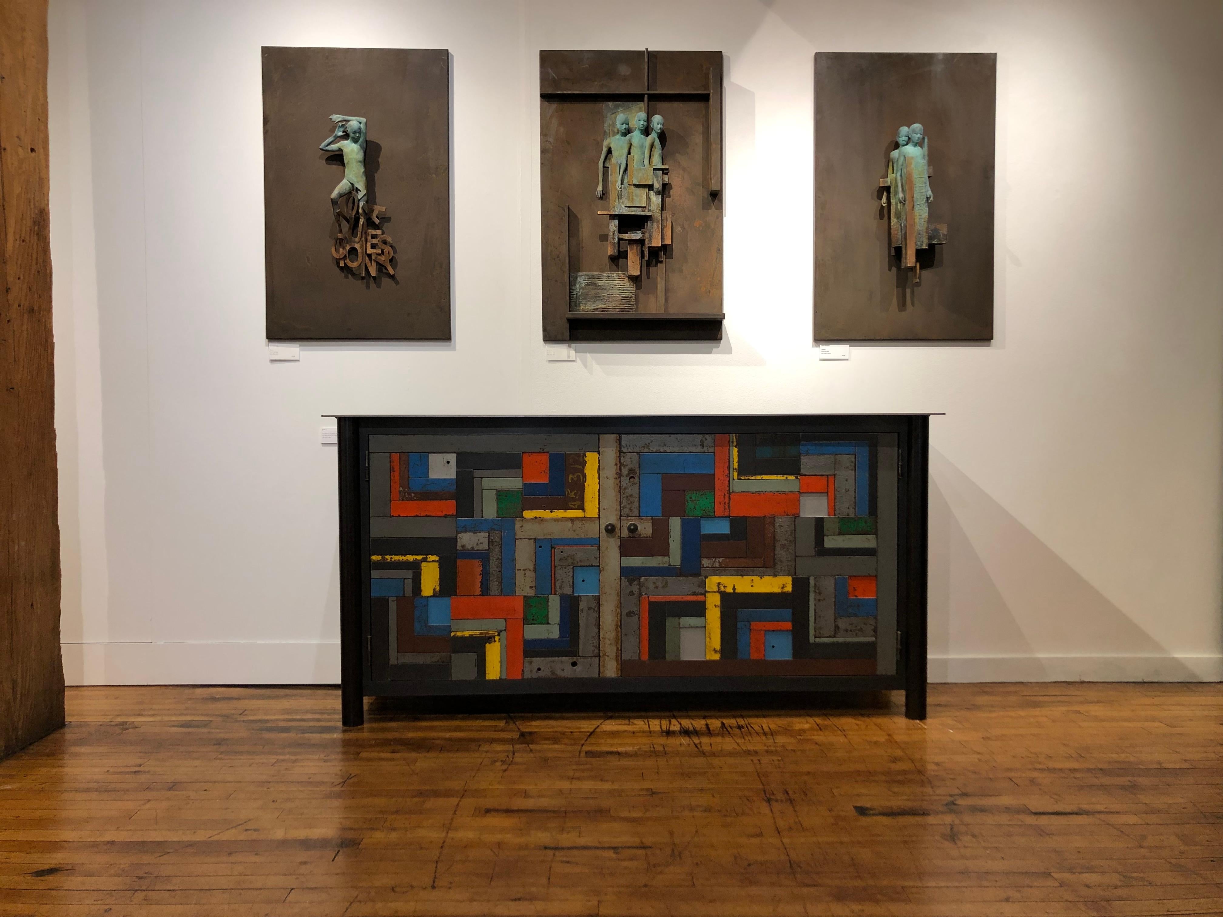 Escena III - Bronze and Steel Wall Sculpture with Three Abstracted Figures 1