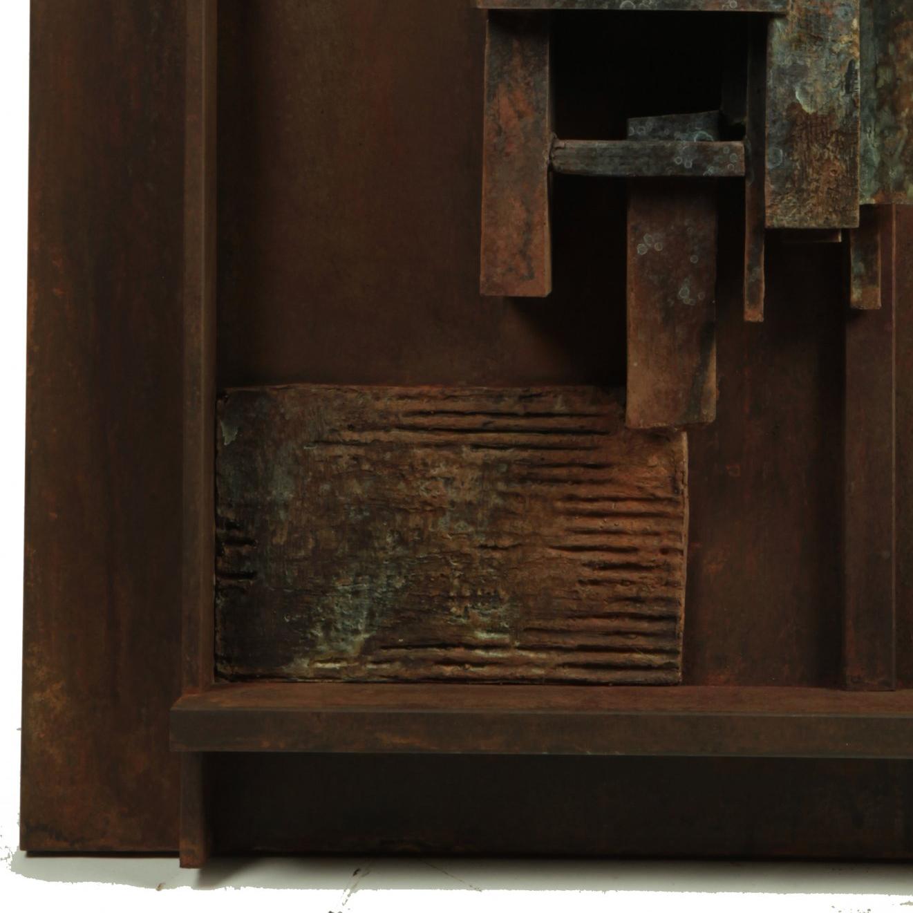 Escena III - Bronze and Steel Wall Sculpture with Three Abstracted Figures 1