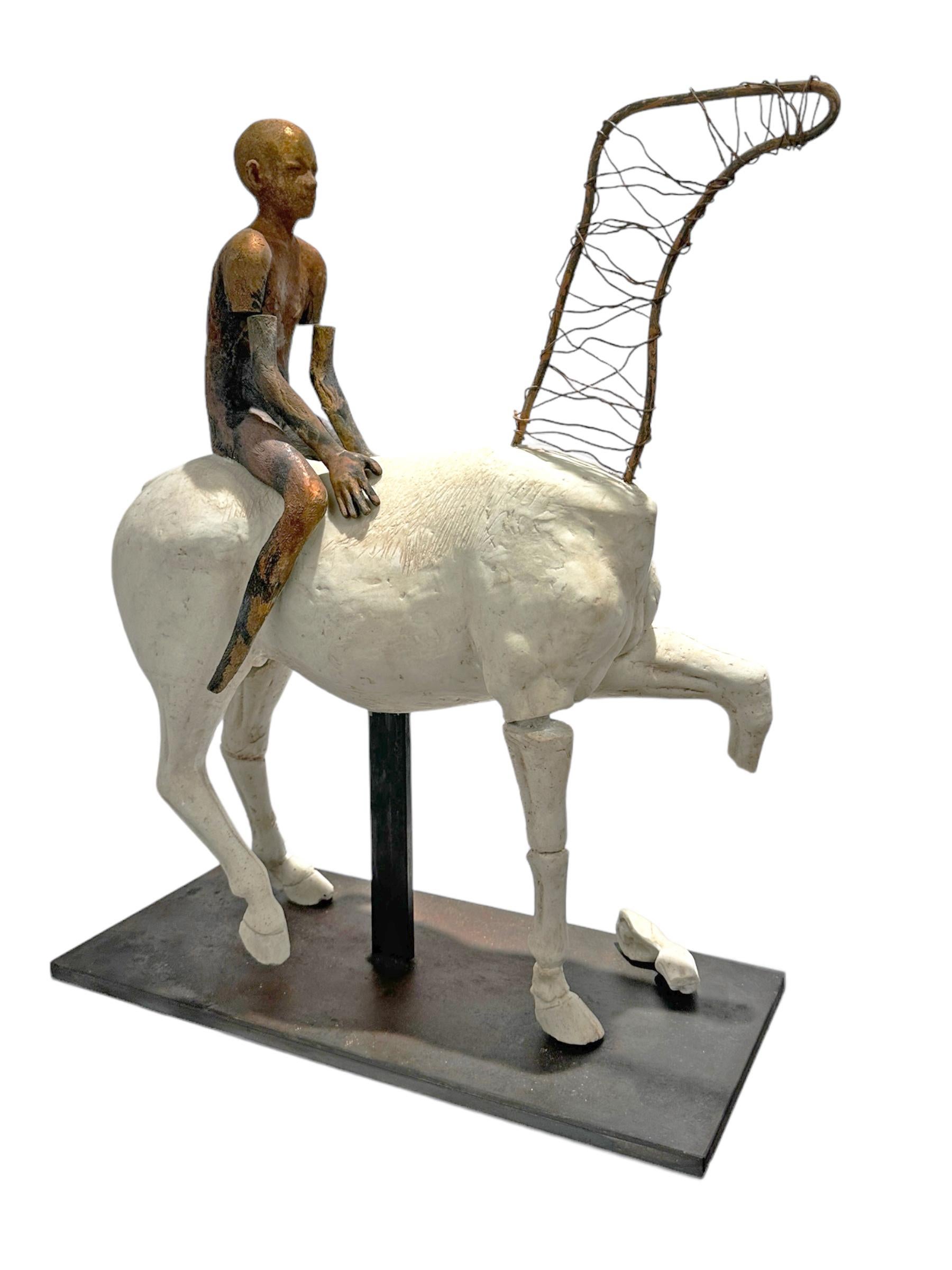Horse I - Horse and Rider, Bronze and Artificial Stone on Steel Base - Sculpture by Jesus Curia Perez