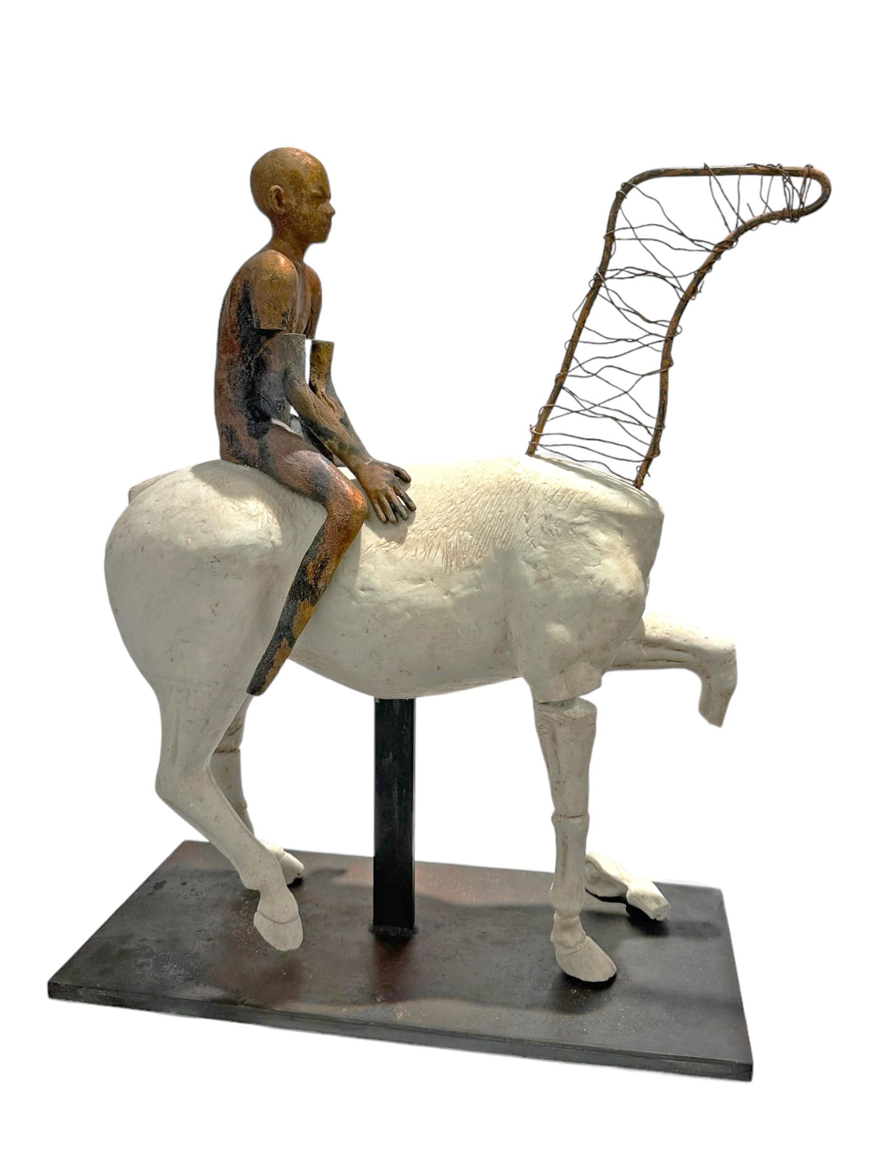 Horse I - Horse and Rider, Bronze and Artificial Stone on Steel Base - Contemporary Sculpture by Jesus Curia Perez