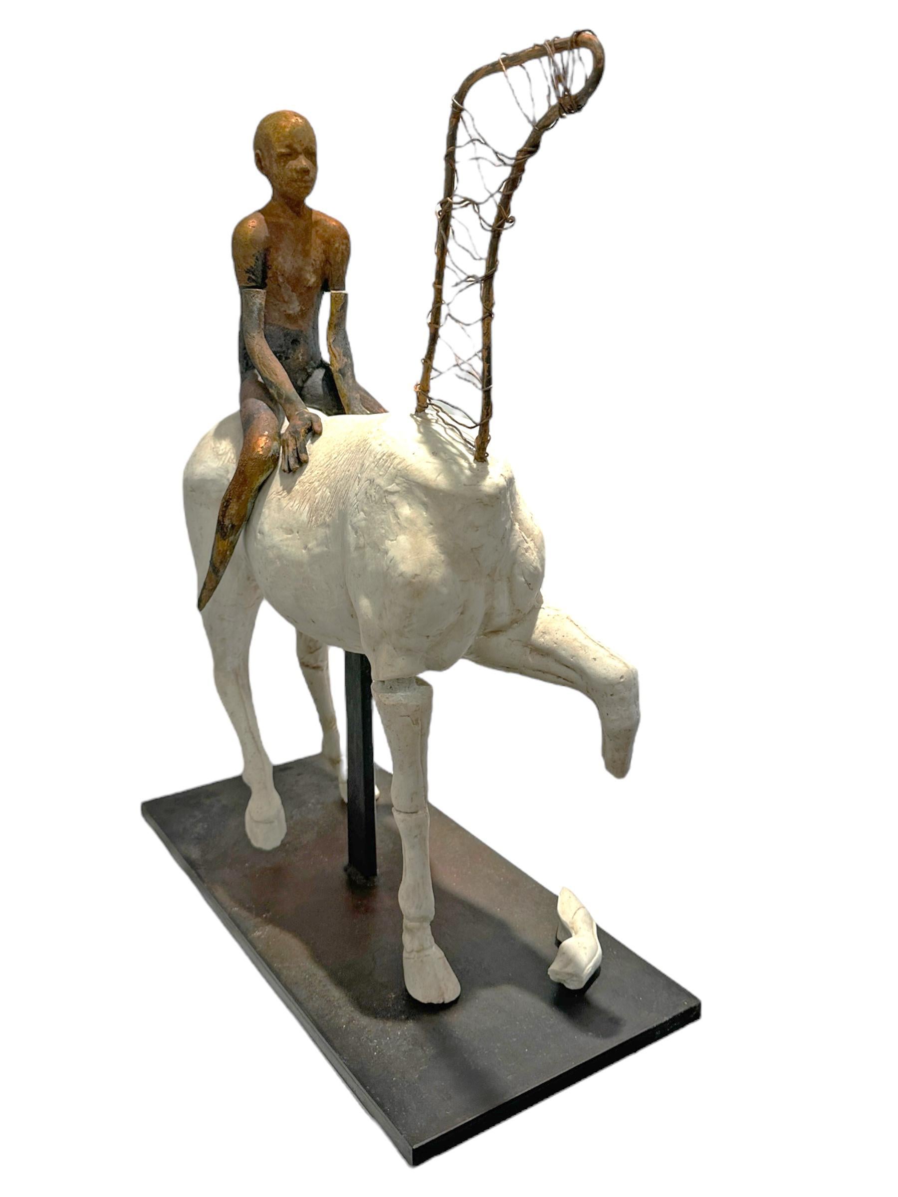 Horse I - Horse and Rider, Bronze and Artificial Stone on Steel Base - Gold Figurative Sculpture by Jesus Curia Perez